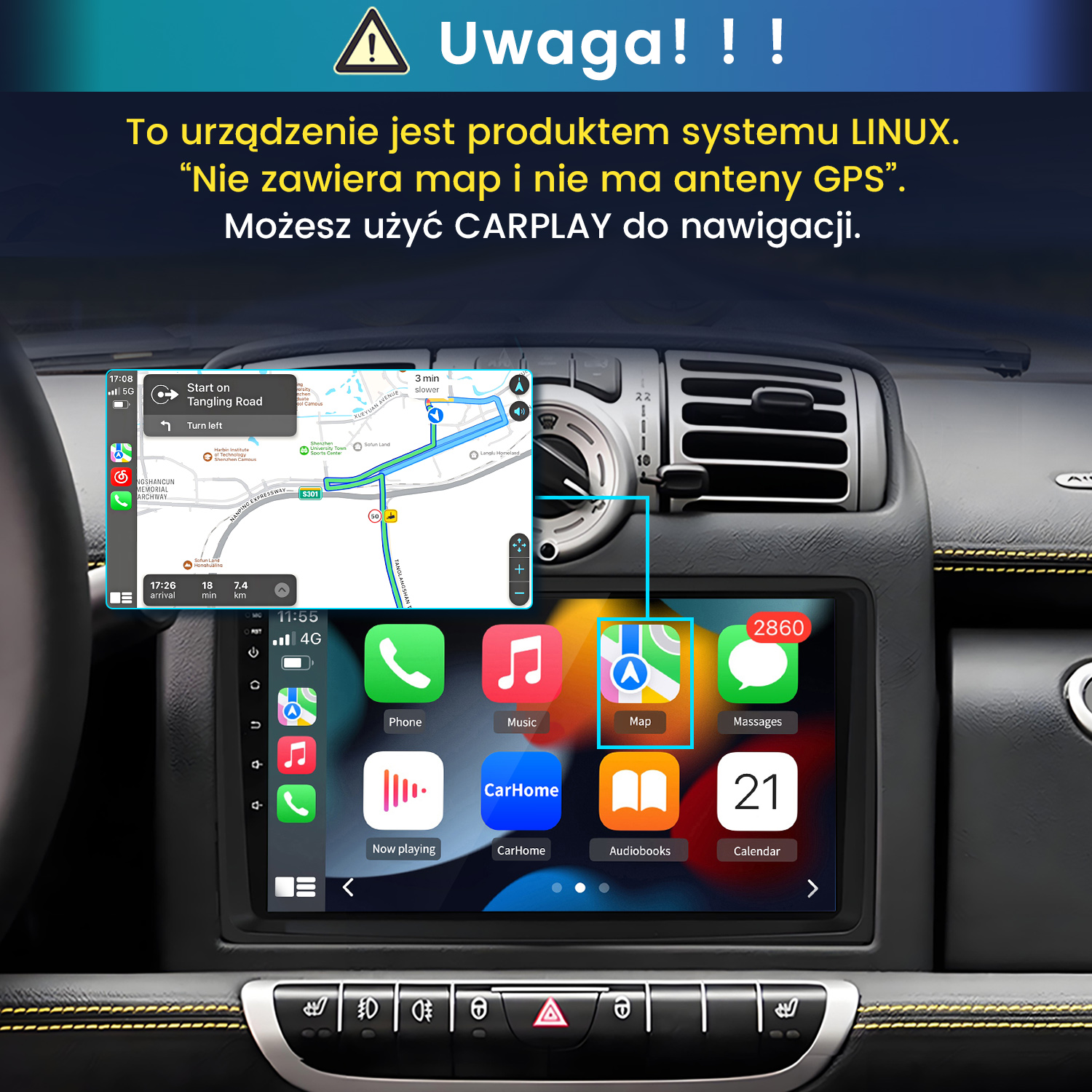 Wyświetlacz radiowy z systemem Linux z CarPlay i mapą.