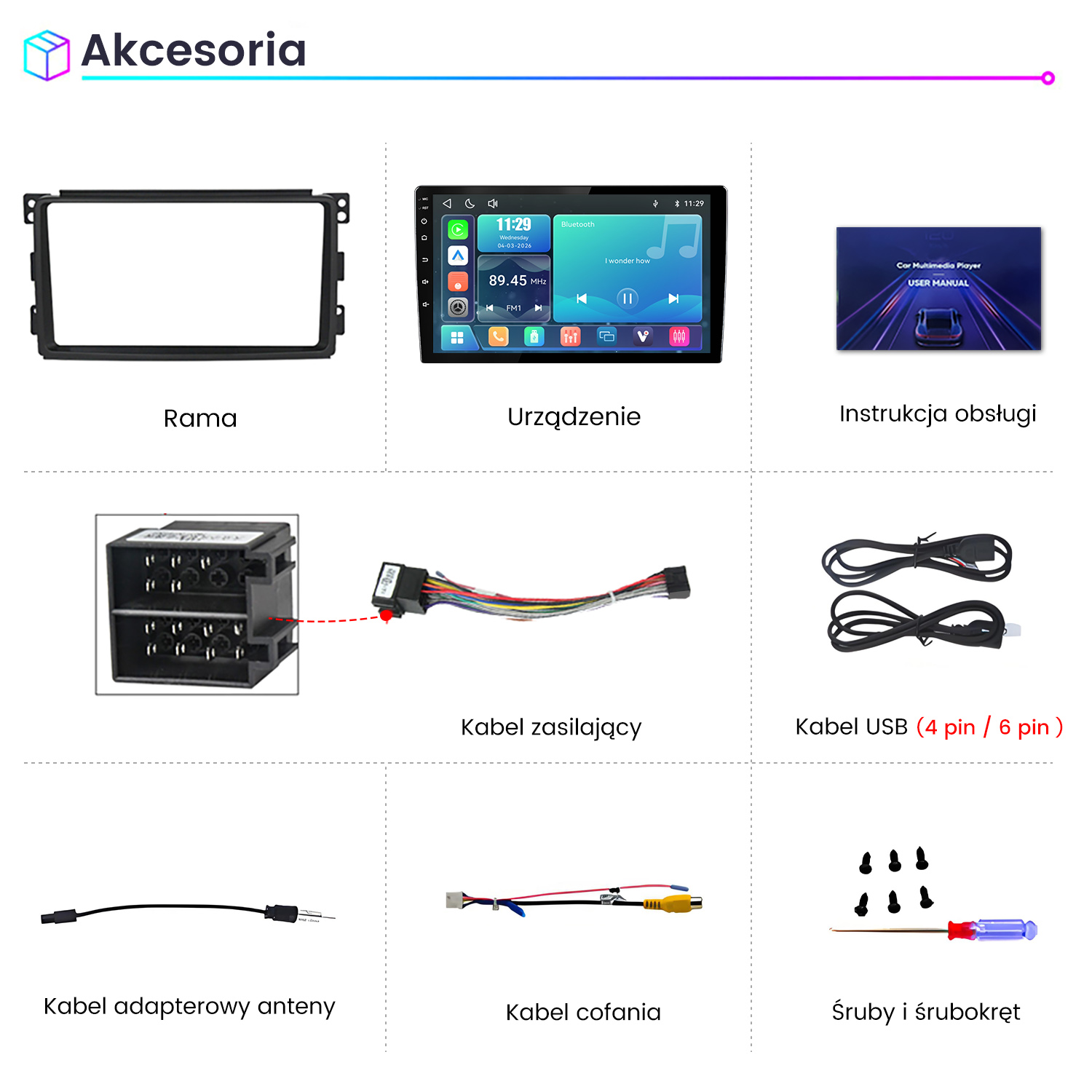 Siatka akcesoriów samochodowych obejmująca ramkę, ekran, instrukcję, kable, adapter antenowy, śrubki i śrubokręt.