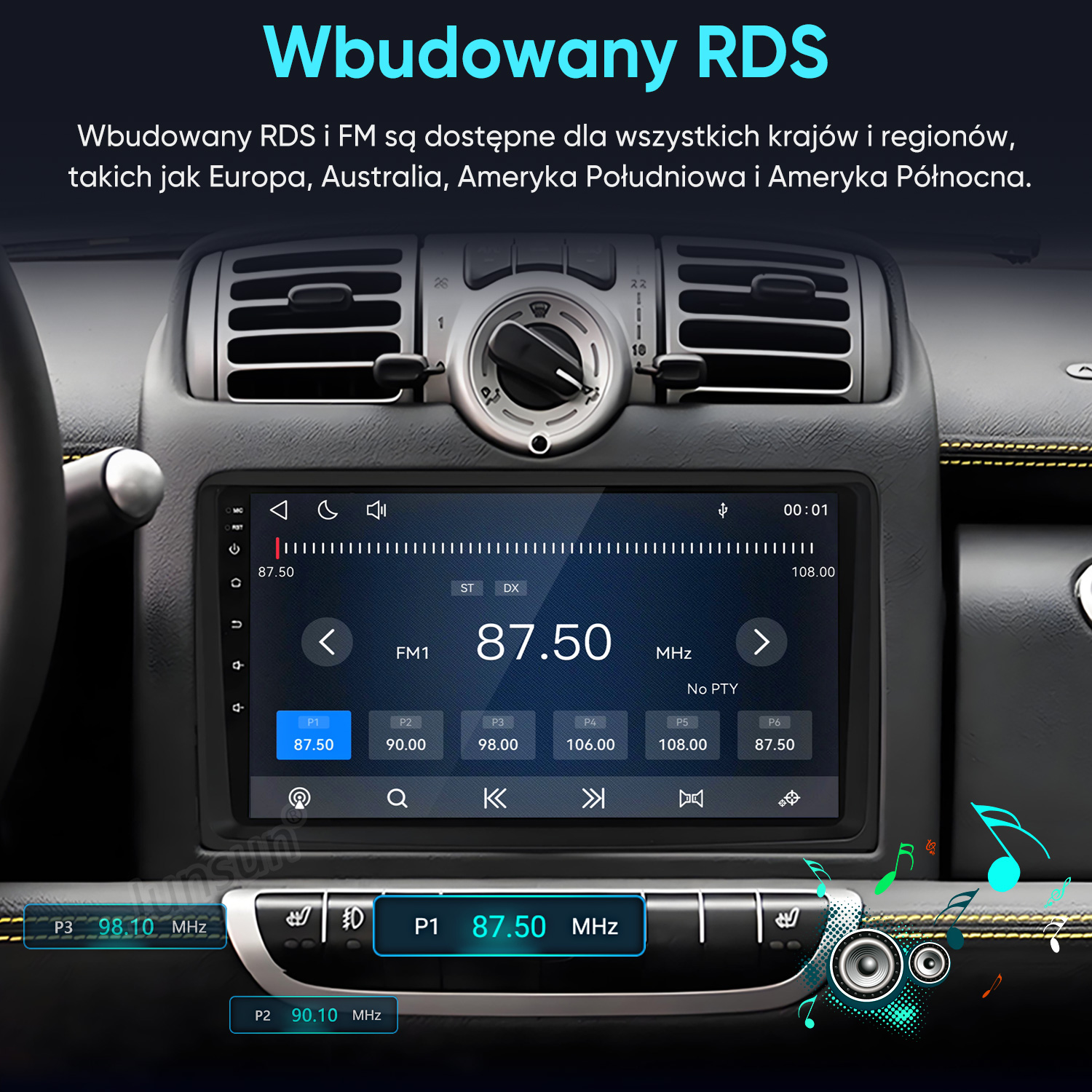 Ekran multimedialny w samochodzie wyświetlający częstotliwość radiową FM 87,50 MHz.