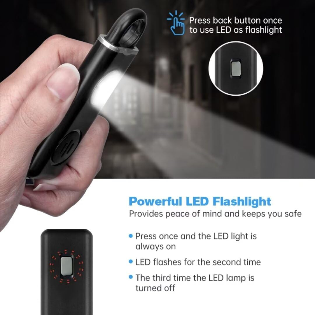 Hand hält kleine schwarze LED-Taschenlampe mit hellem Lichtstrahl, Textanweisungen daneben.