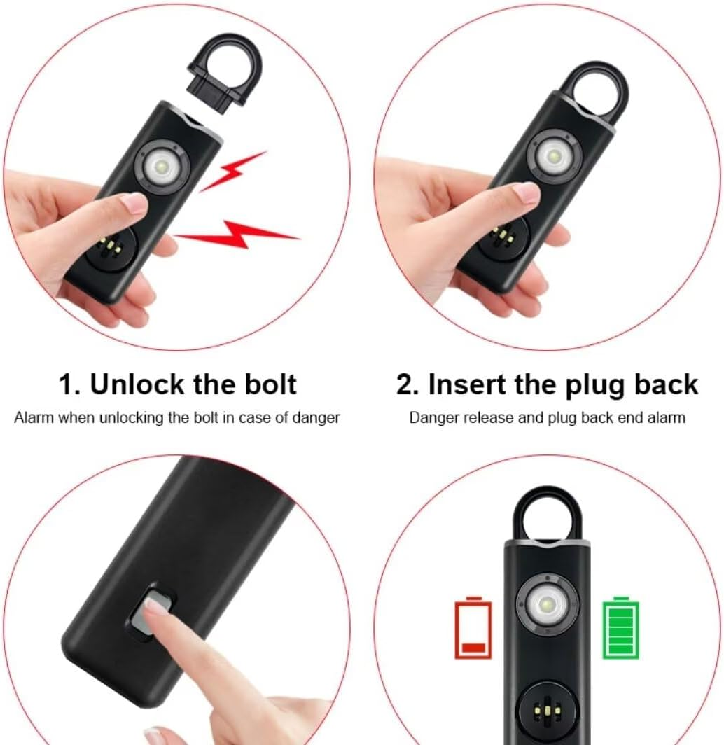 Vierteilige Anleitung zur Bedienung eines Personenalarms mit Entriegeln, Einstecken, Einschalten und Batteriestatus.
