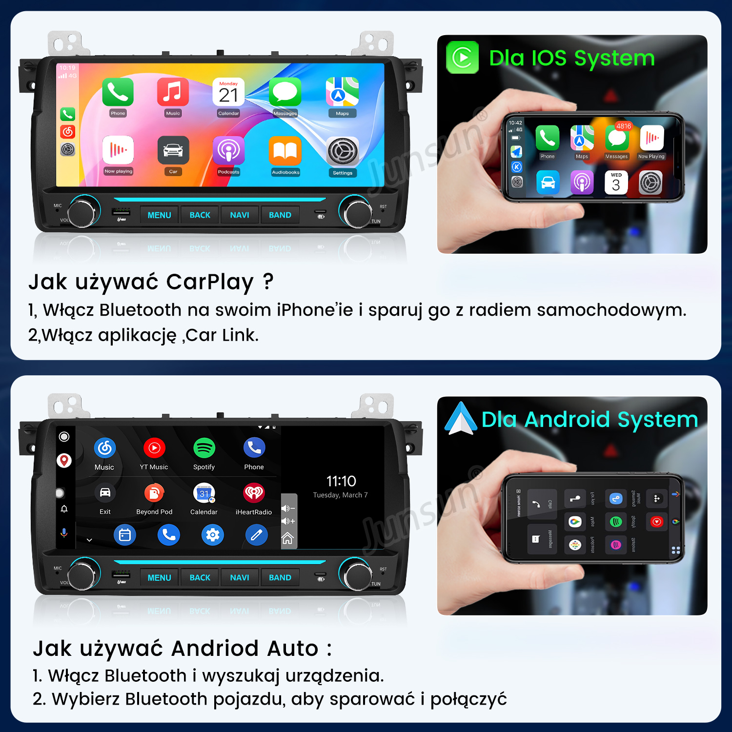Instrukcje i ekran radia samochodowego pokazujące konfigurację CarPlay i Android Auto.