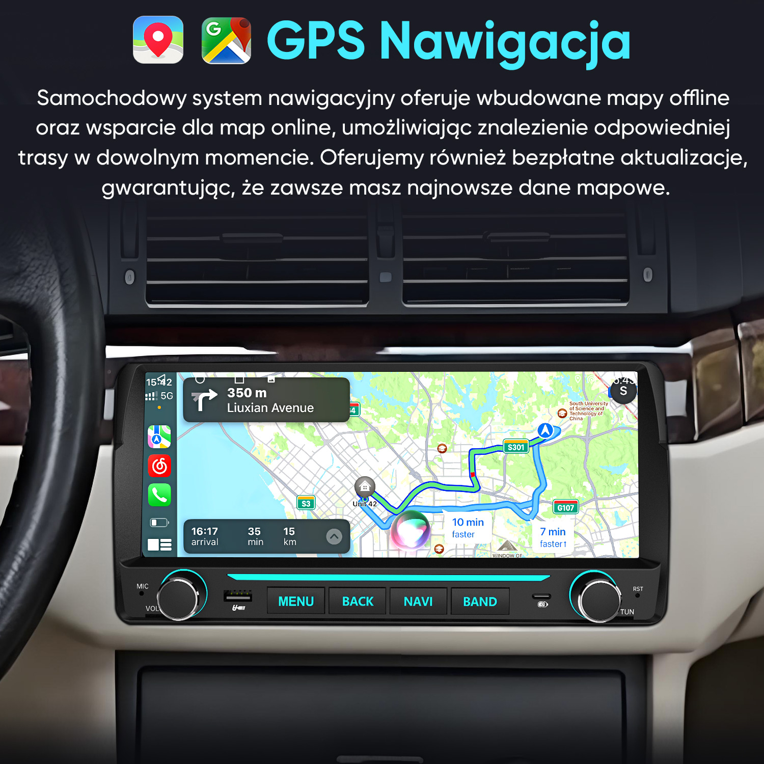 Samochodowy system nawigacji GPS wyświetlający szczegółową mapę ulic.