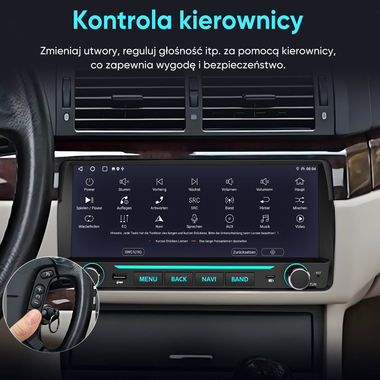 Deska rozdzielcza samochodu z ekranem multimedialnym, dotykowymi przyciskami i pilotem w kierownicy.