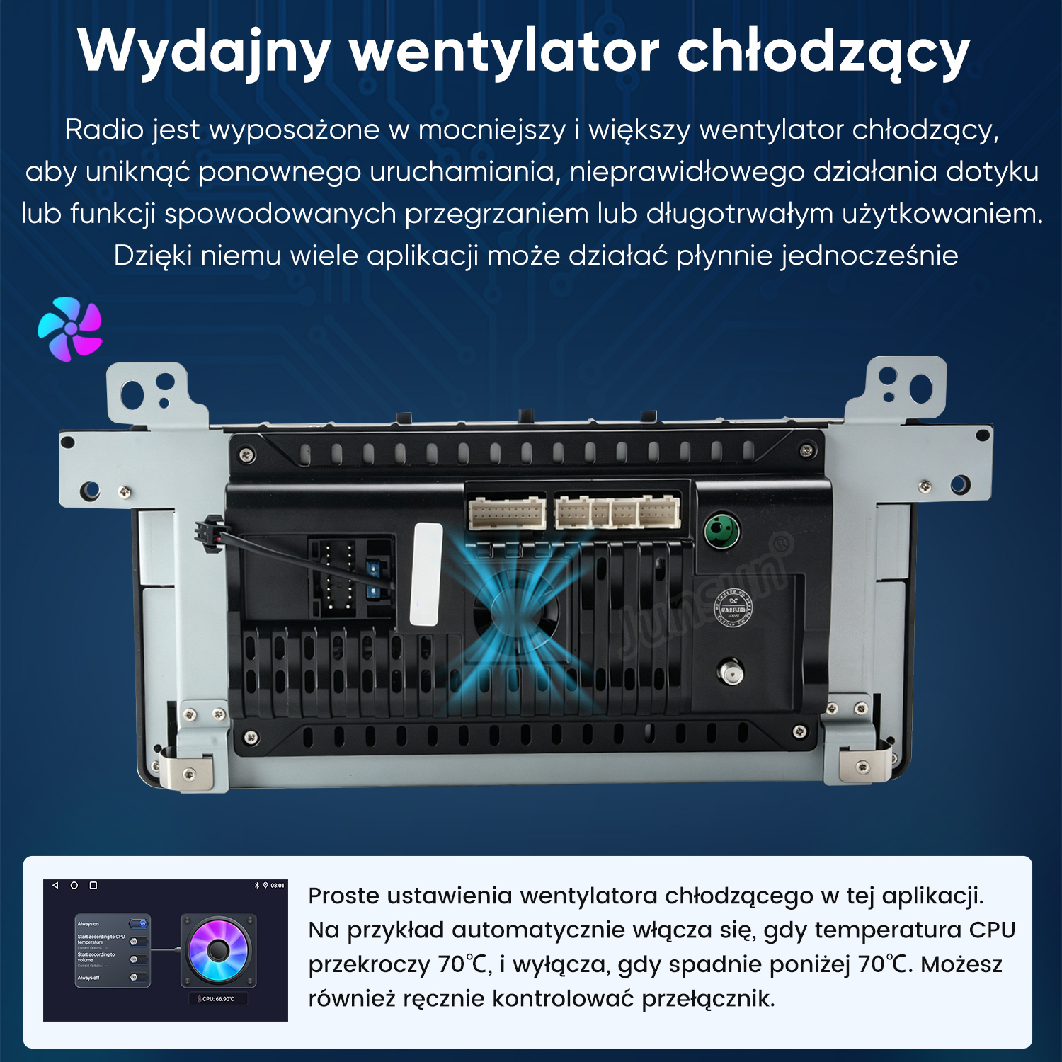 Tył radia samochodowego ze zintegrowanym wentylatorem chłodzącym i portami.