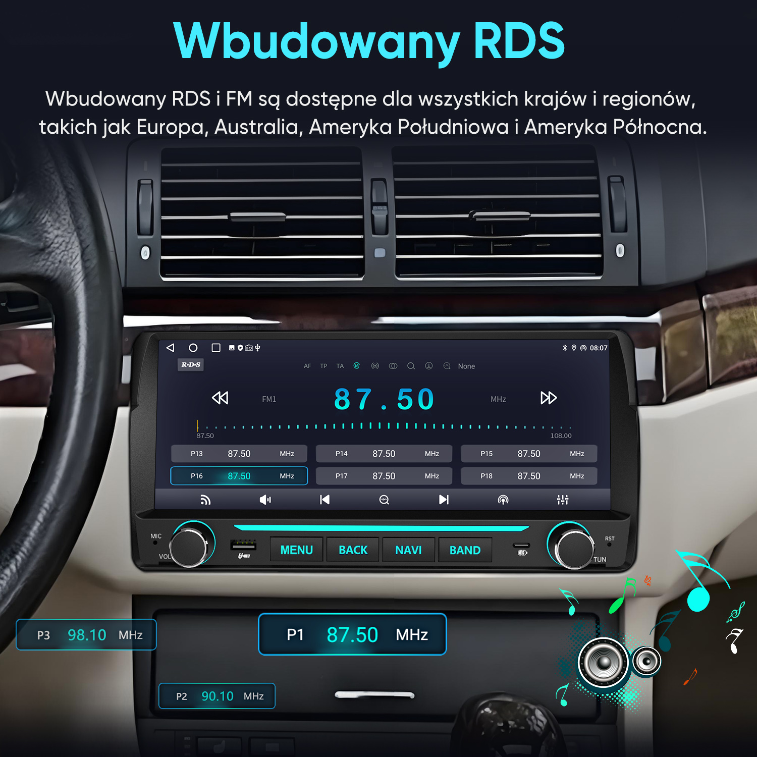 Samochodowy wyświetlacz multimedialny z radiem RDS w desce rozdzielczej.