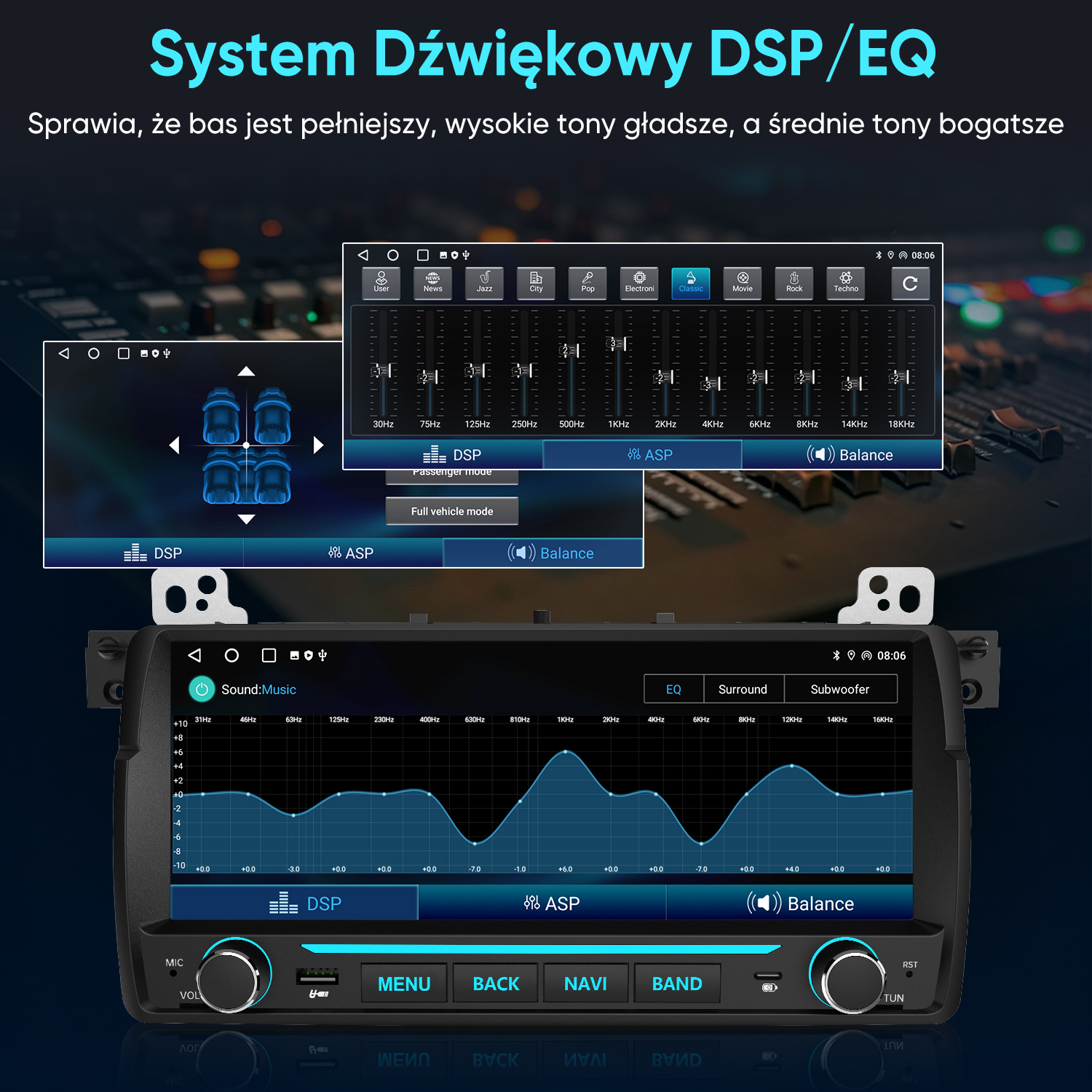Samochodowy system audio wyświetla ustawienia korektora i sterowanie dźwiękiem.