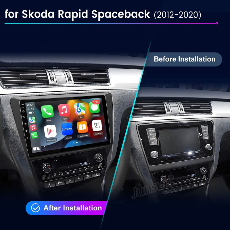 Vergleich des Skoda Rapid Armaturenbretts vor und nach der Installation eines modernen Touchscreens.