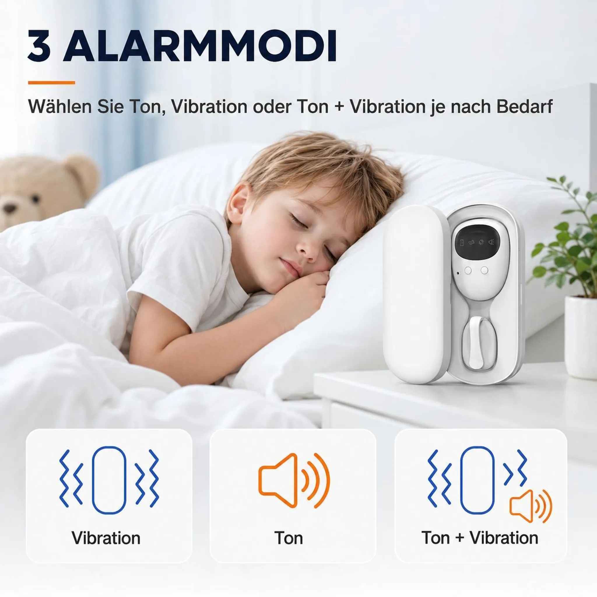 Ein Kind schläft in einem Bett neben einem Nachtschrank mit einem weißen Gerät und drei Alarmmodi-Symbolen.
