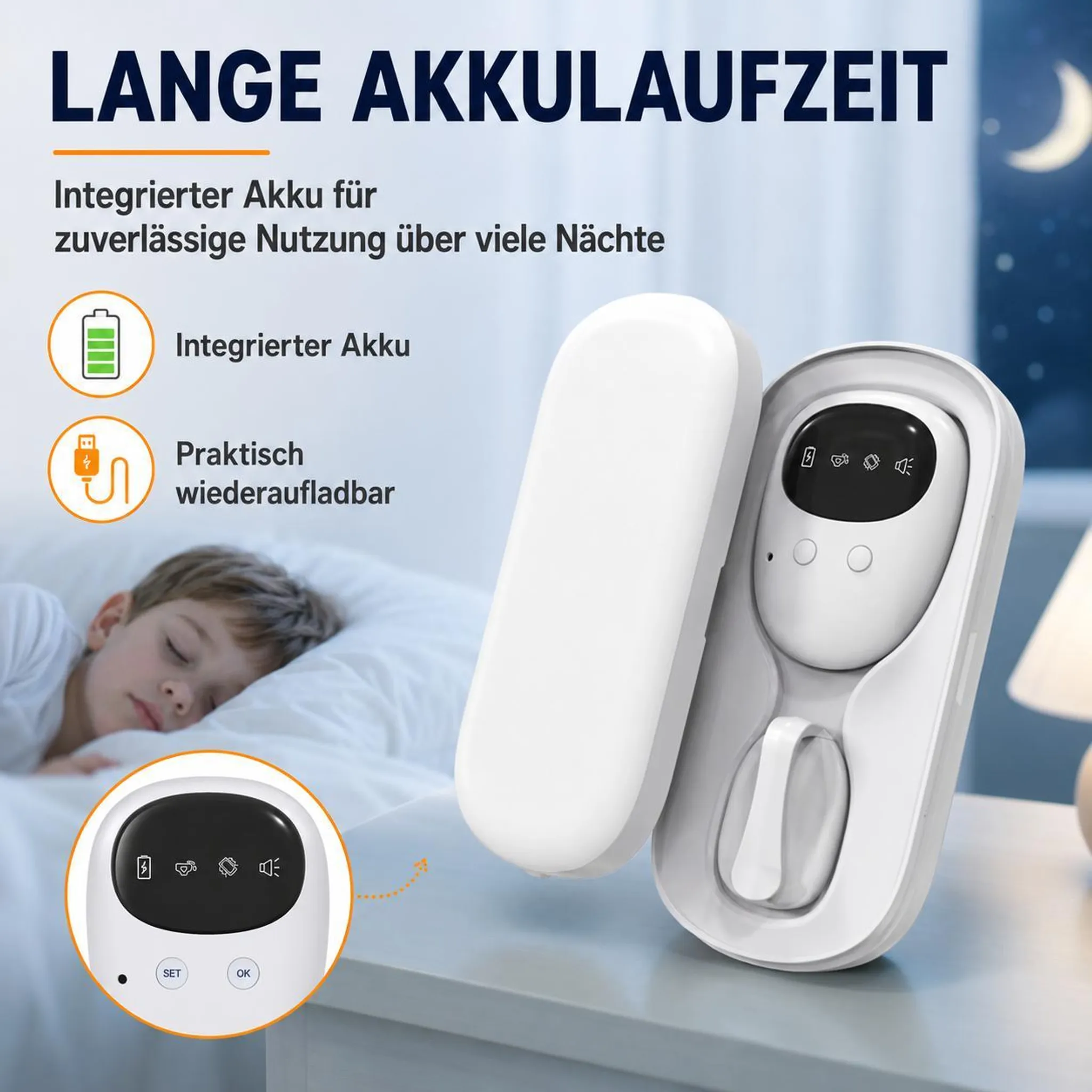 Werbebild für ein wiederaufladbares Gerät, ein Kind schläft im Hintergrund.