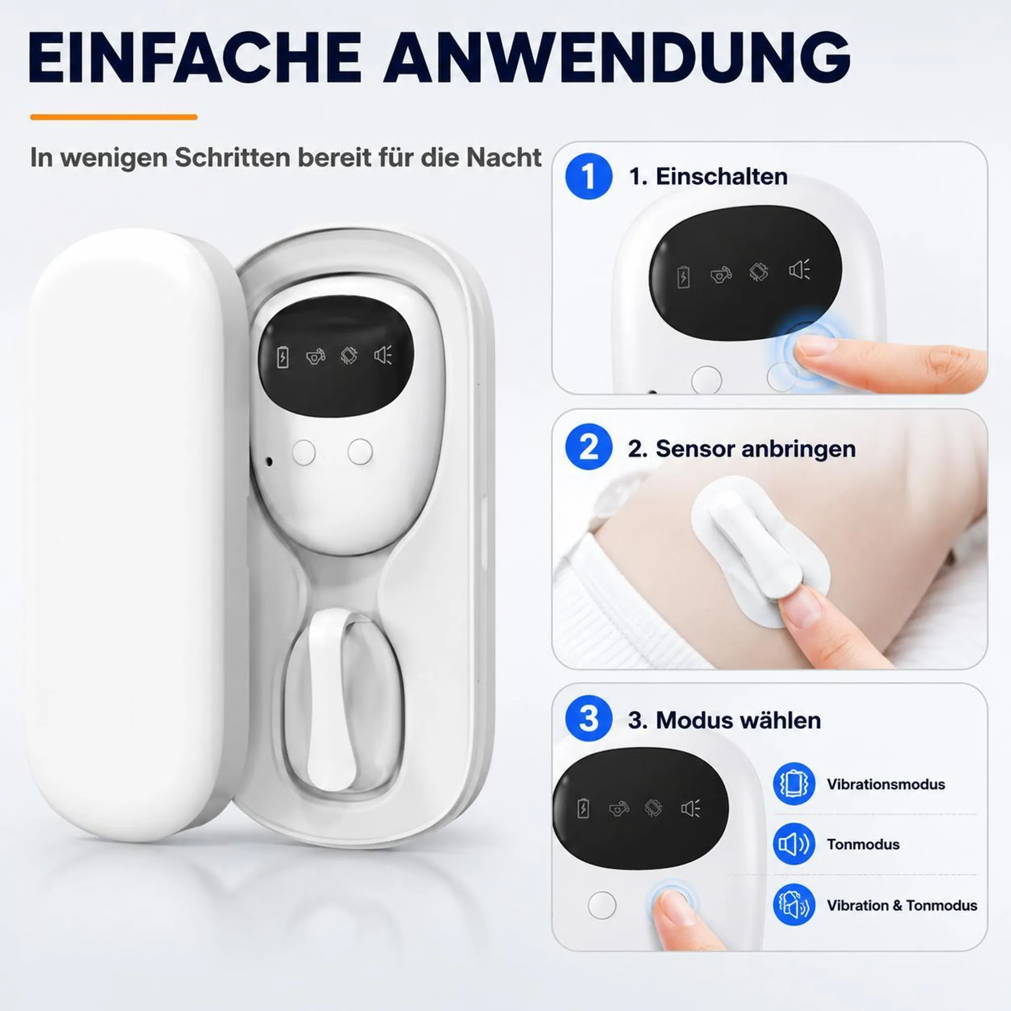 Infografik mit drei Schritten zur Anwendung eines weißen Geräts: Einschalten, Sensor anbringen, Modus wählen.