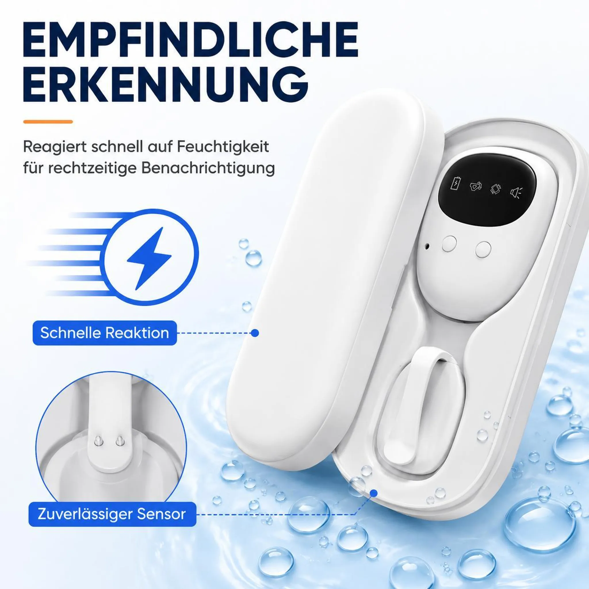 Ein weißer Feuchtigkeitssensor in einer Schachtel mit Text und Symbolen auf blauem Hintergrund mit Wassertropfen.
