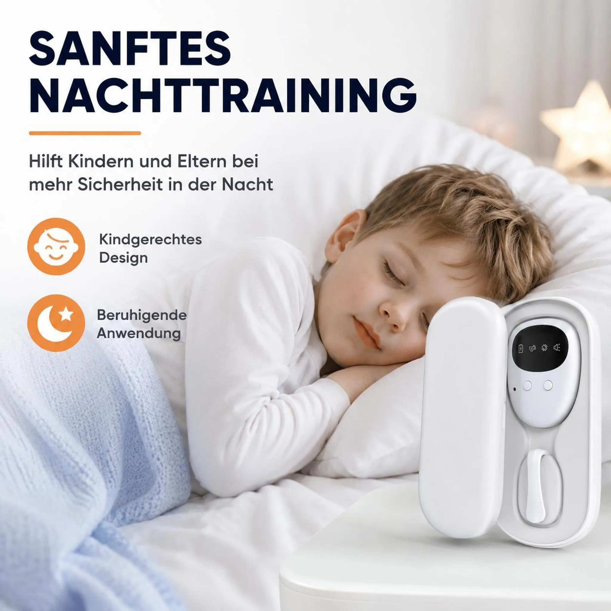 Ein Kind schläft friedlich im Bett neben einem offenen weißen Gerät auf dem Nachttisch, Text im Bild.