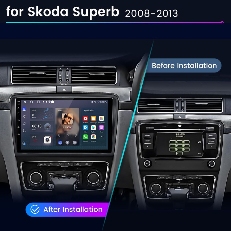 Vergleich der Skoda Superb Mittelkonsole vor und nach der Installation eines neuen Touchscreen-Radios.