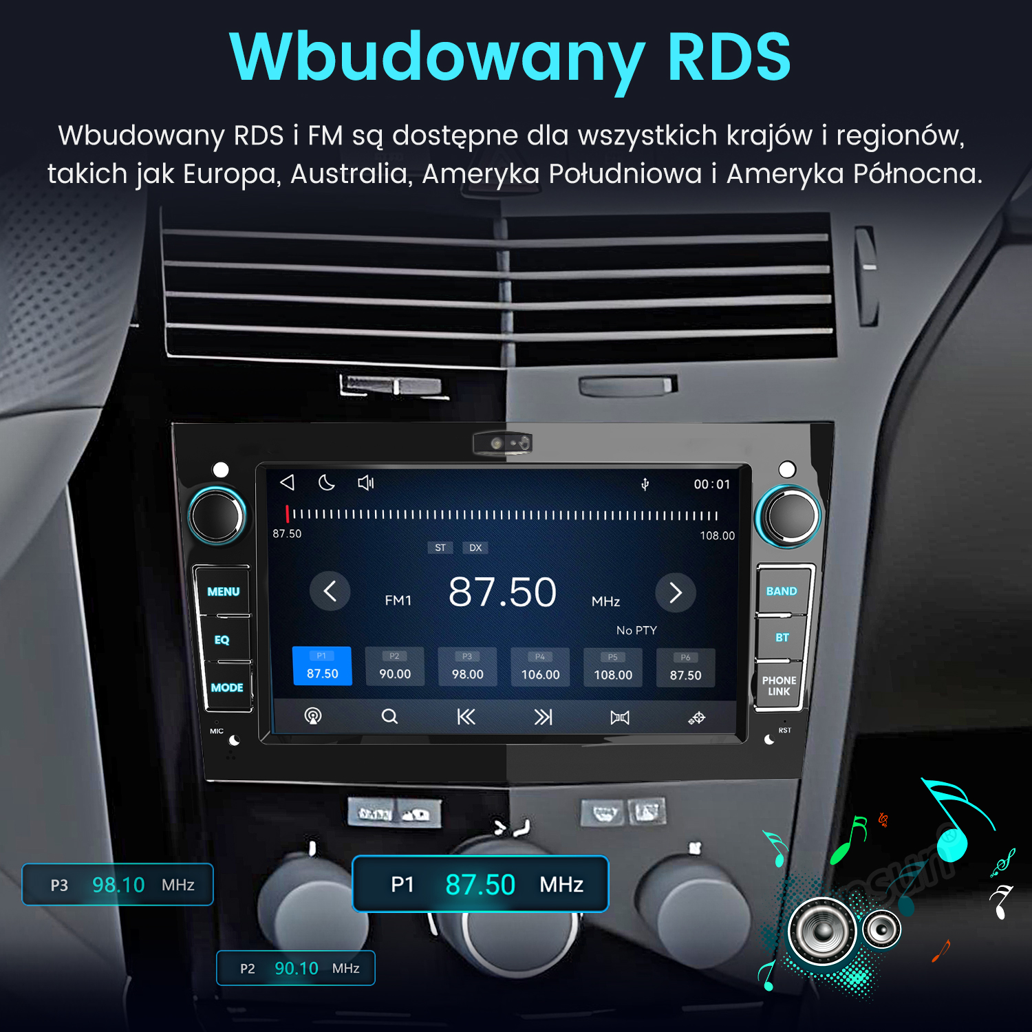 Radio samochodowe z ekranem dotykowym i funkcją FM RDS w desce rozdzielczej.