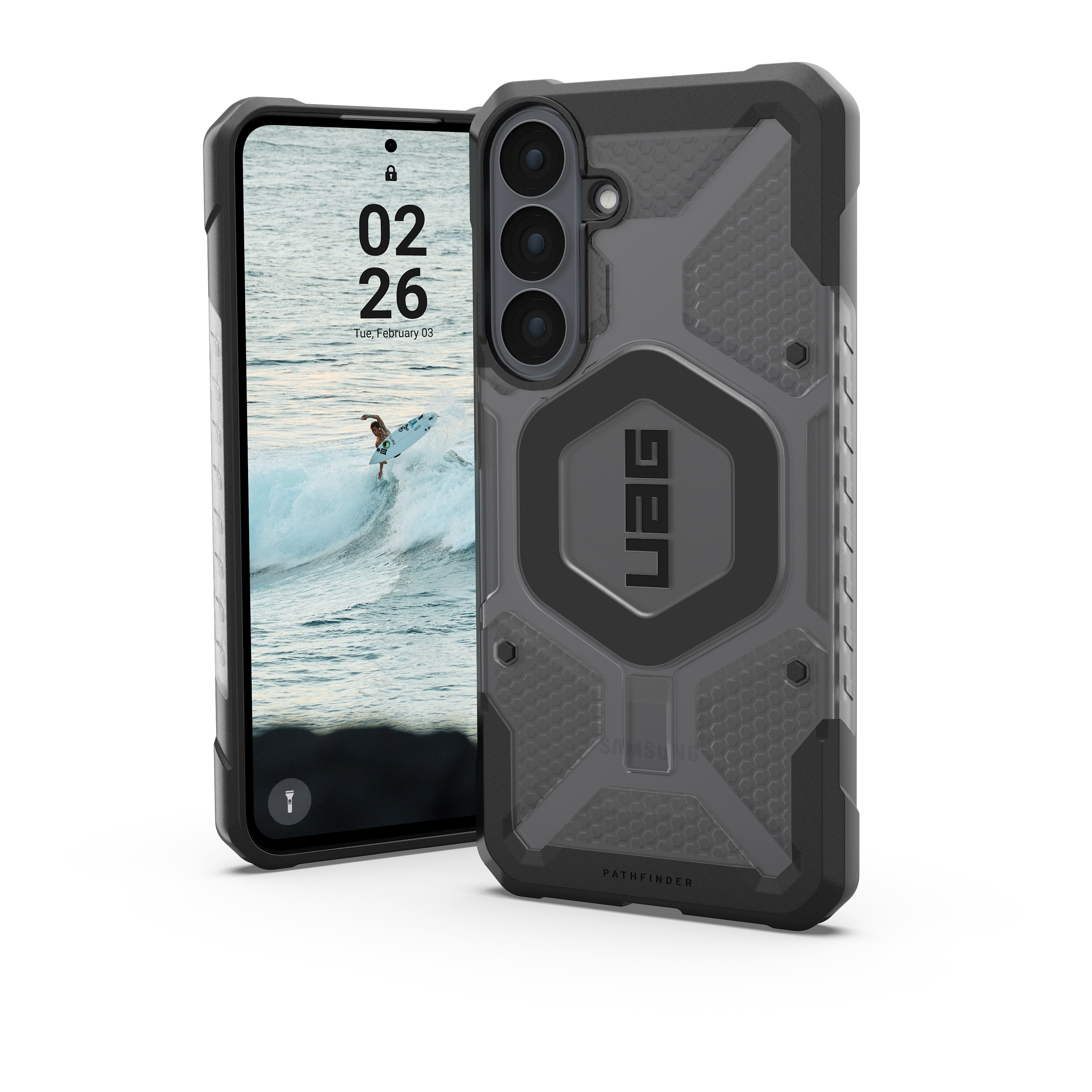 Smartphone in grauer UAG Schutzhülle zeigt Display mit Surfer im Ozean.