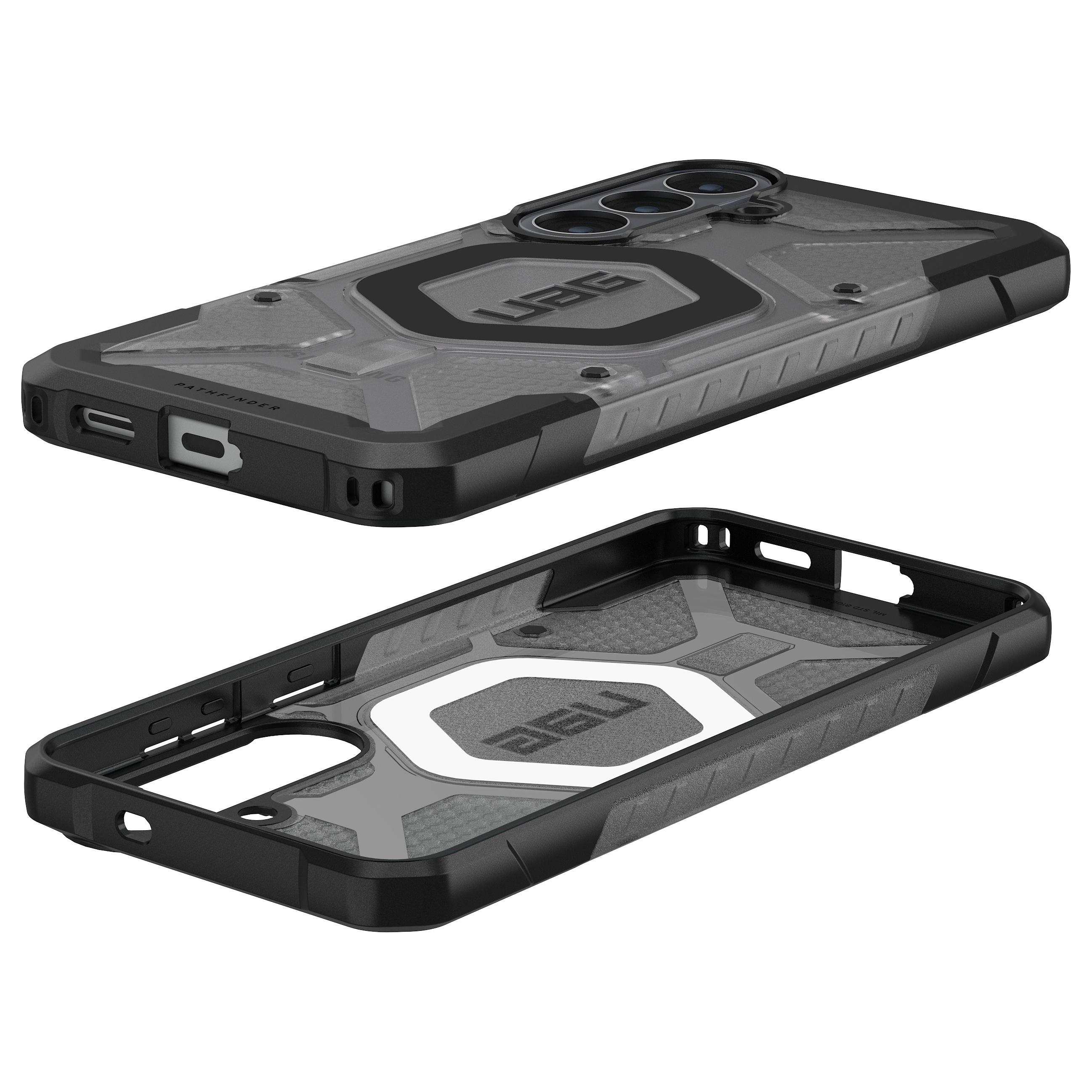 Schwarze UAG-Schutzhülle für Smartphones mit robustem Design und Kameralinsen.