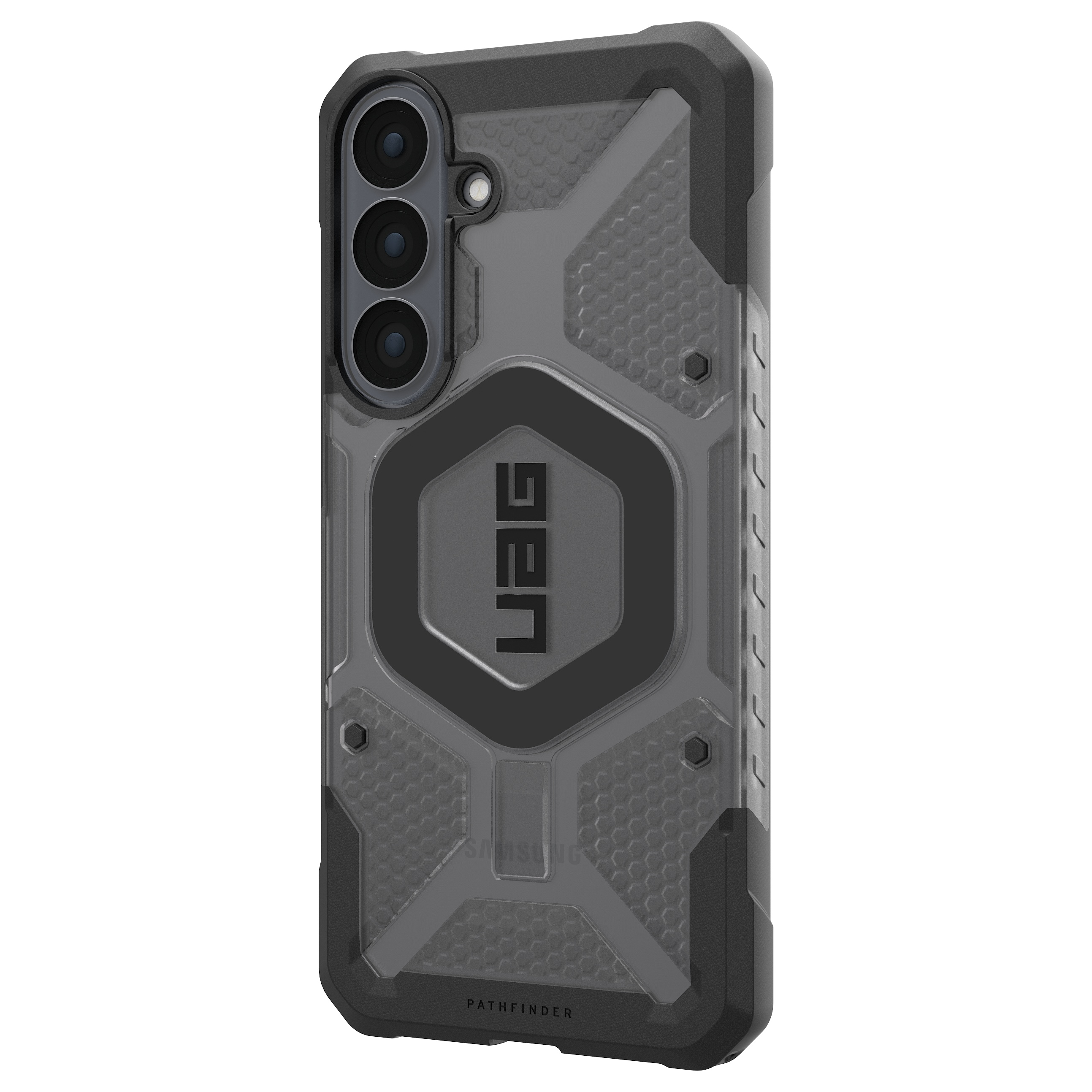 Eine robuste schwarze und graue Schutzhülle für ein Smartphone mit Dreifachkamera.