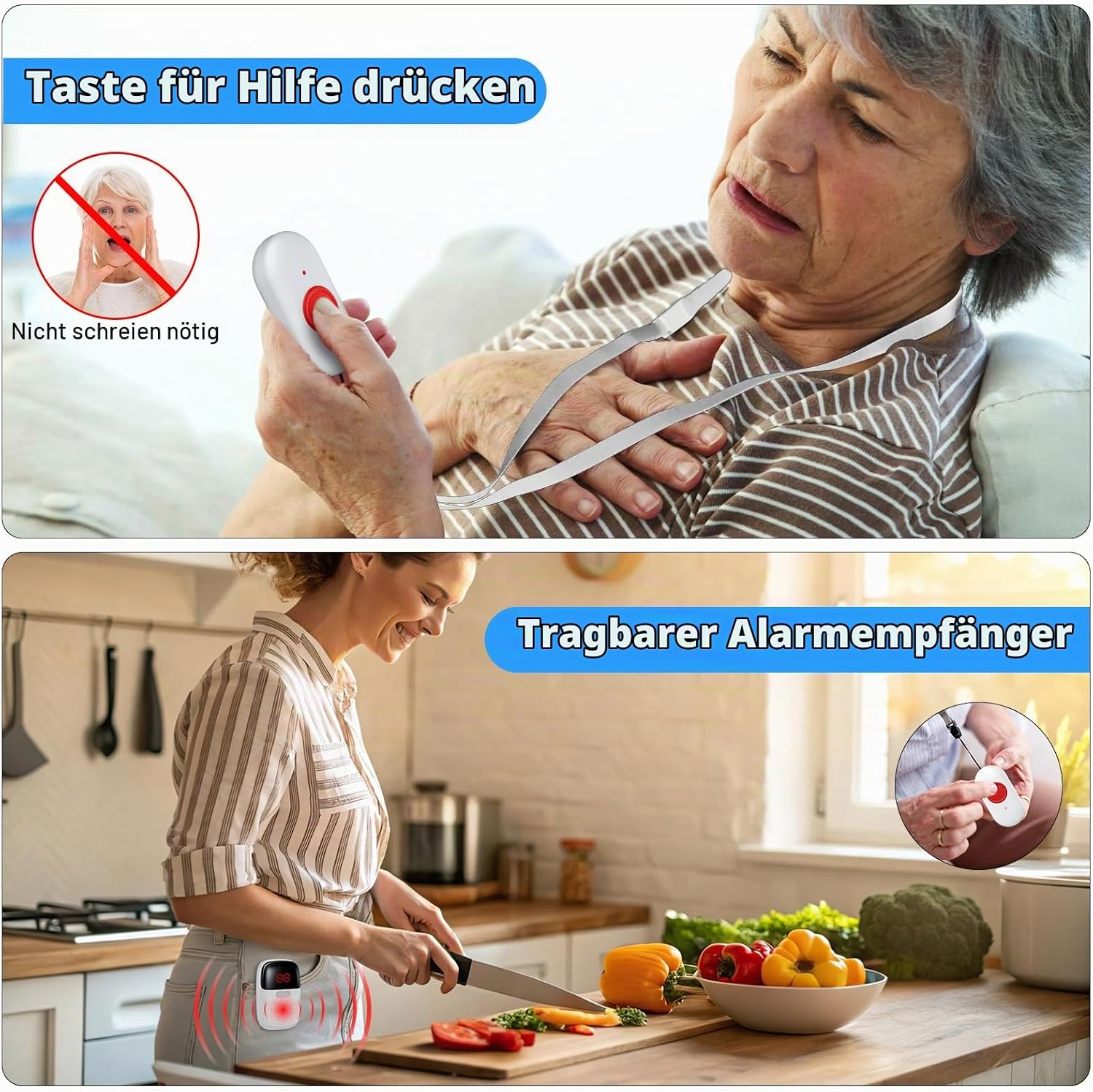 Seniorin drückt Notrufknopf und Frau schneidet Gemüse in Küche.