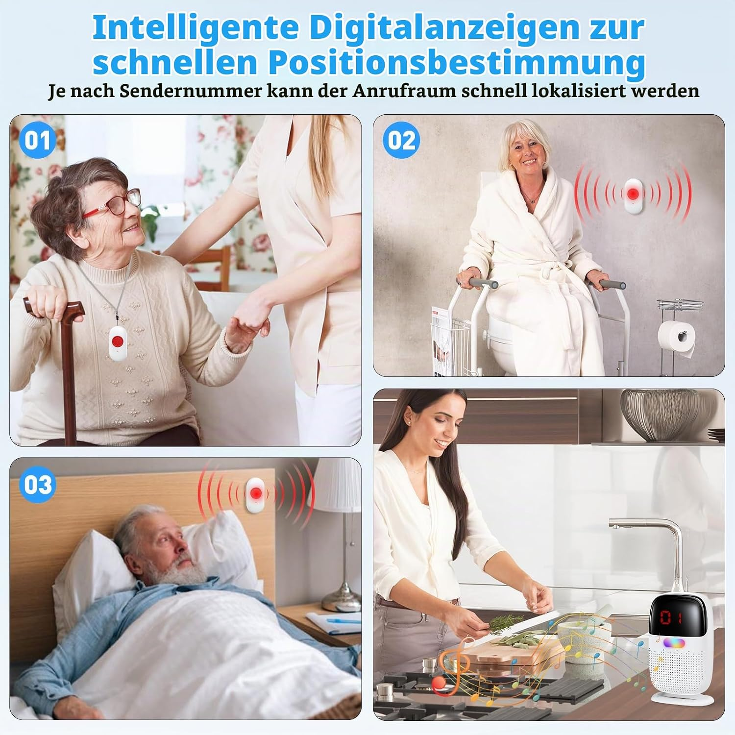 Vier Szenen zeigen Notrufsysteme für Senioren in verschiedenen Wohnbereichen zur schnellen Hilfe.