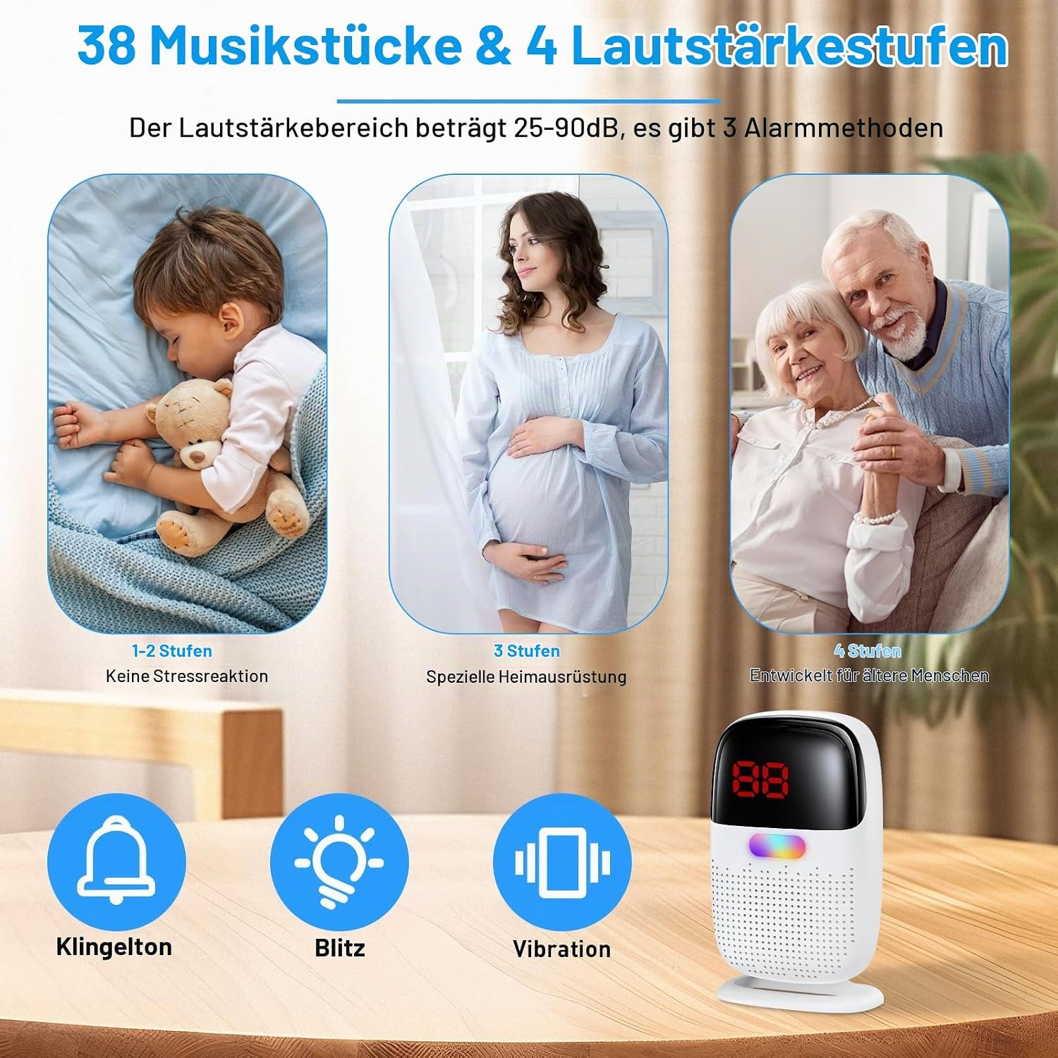 Produktwerbung für einen Alarm mit 38 Musikstücken, 4 Lautstärken, drei Alarmarten für Kinder, Schwangere und Senioren.