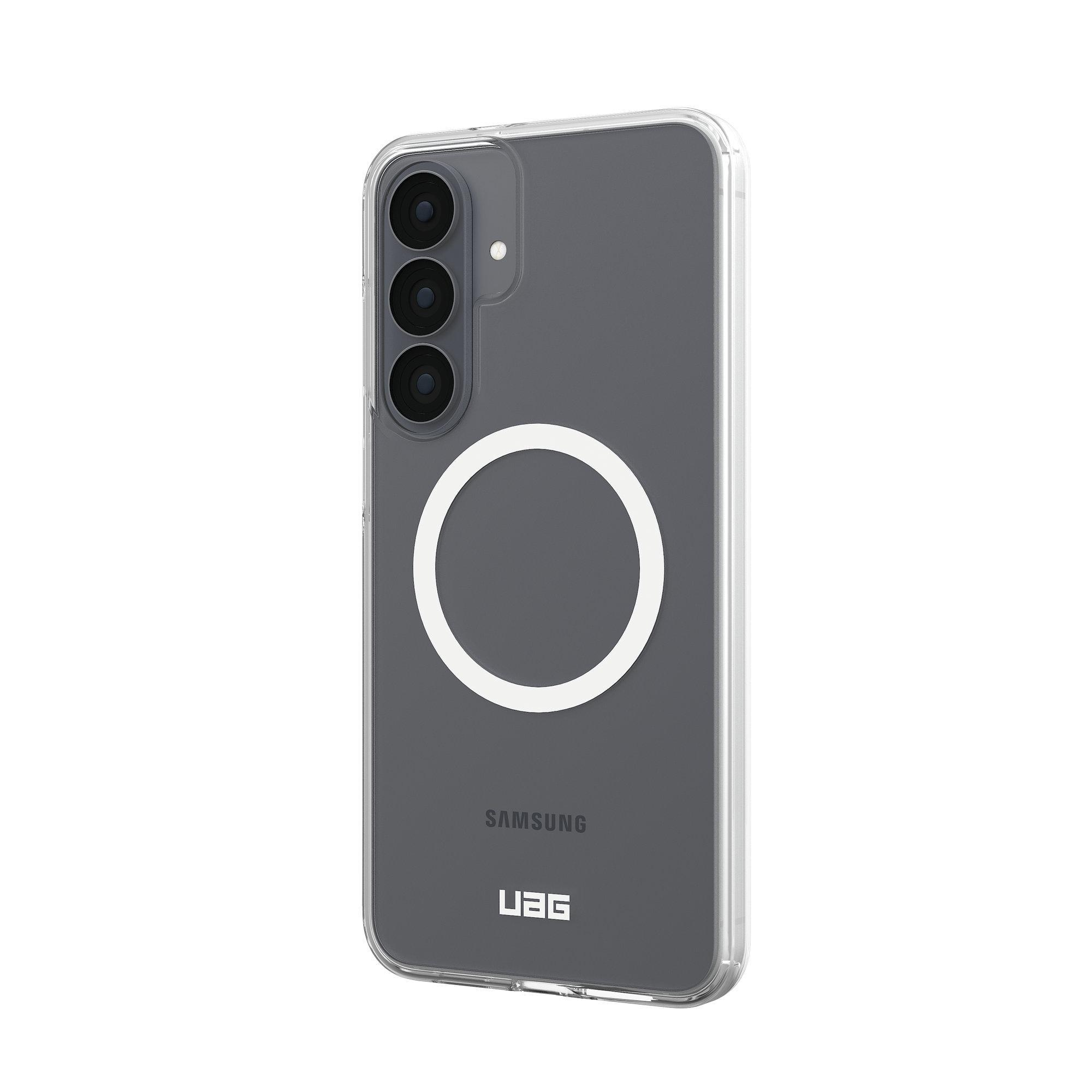 Rückansicht eines grauen Smartphones in einer transparenten Hülle mit weißem Ring.