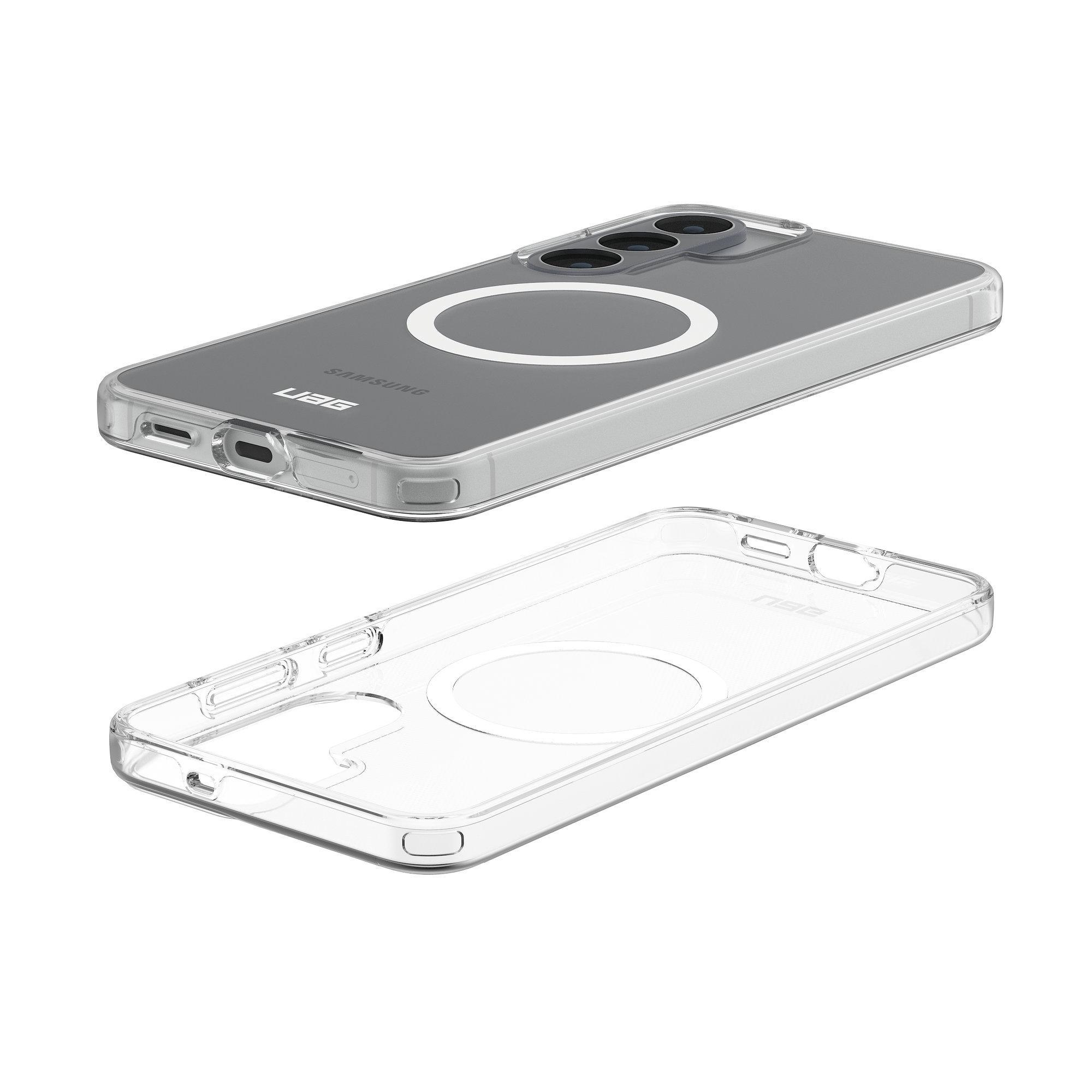 Eine transparente Handyhülle mit Magnetring liegt neben demselben Case, das auf einem Smartphone angebracht ist.
