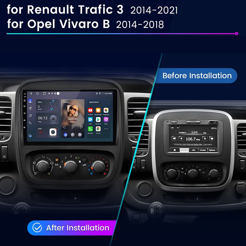 Vergleich der Auto-Konsole vor und nach der Installation eines großen Touchscreen-Radios für Renault und Opel.