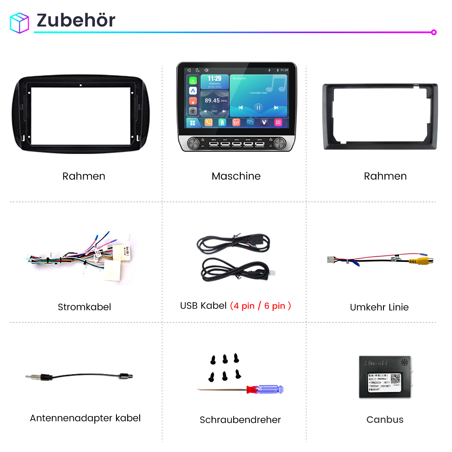 Übersicht von Autoradio-Zubehörteilen wie Rahmen, Kabeln, Schraubendreher und Canbus Modul auf weißem Hintergrund.