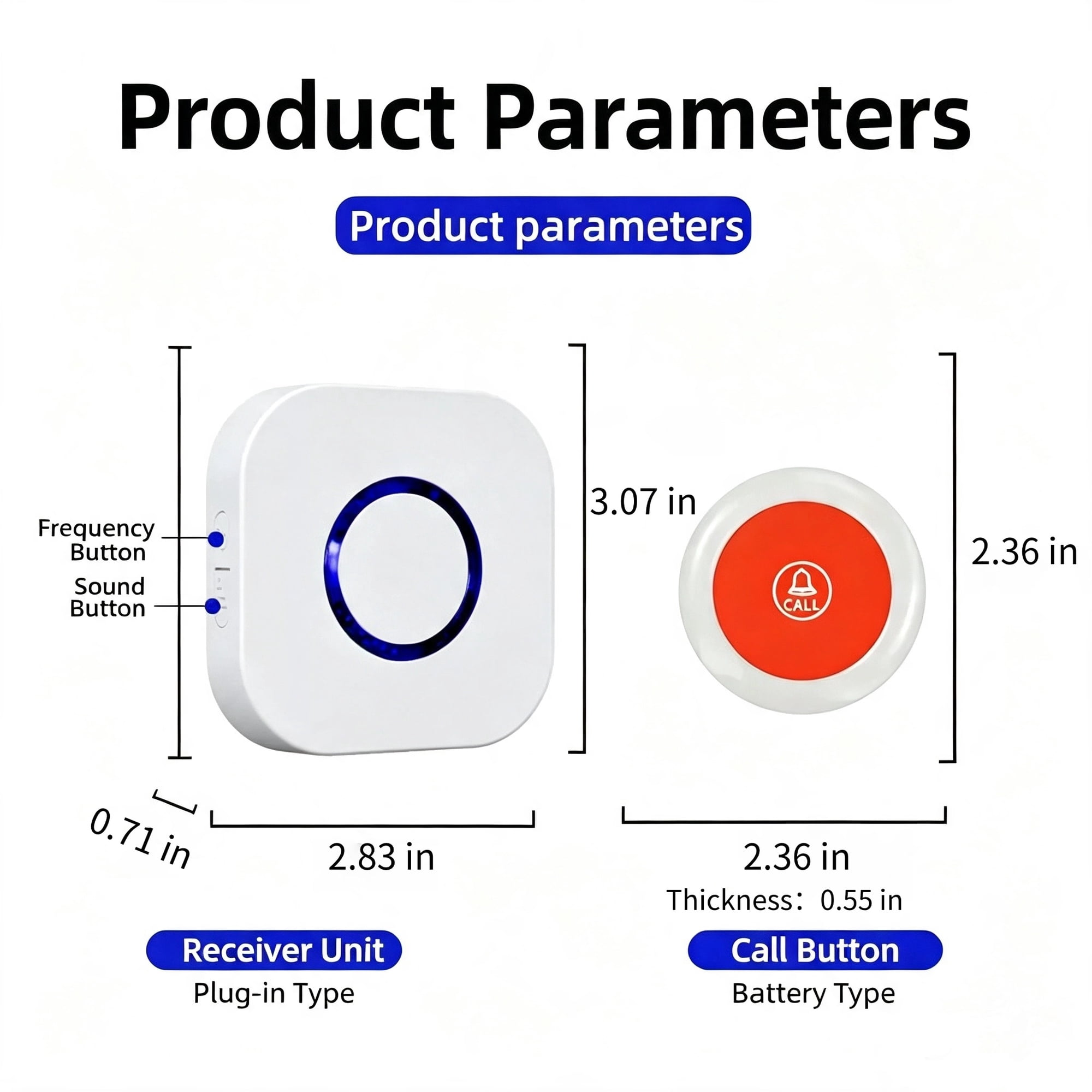 Produktparameterdiagramm mit einer quadratischen Empängereinheit und einem runden Notrufknopf inklusive Maßangaben.