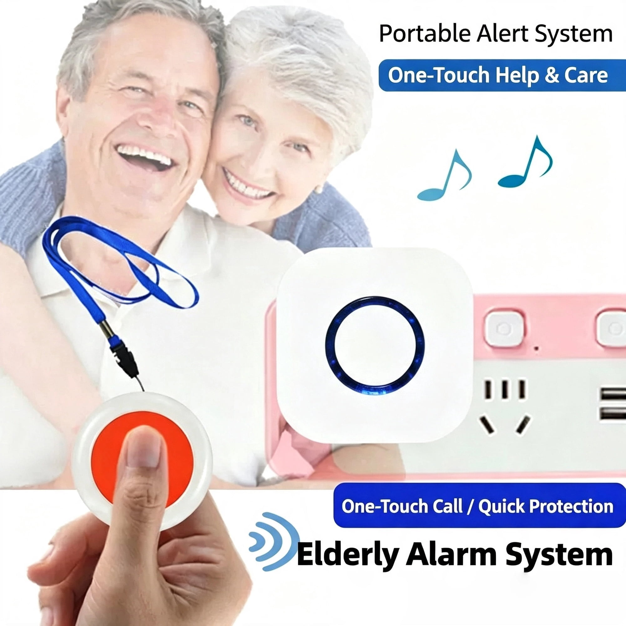 Lächeln älteres Paar mit tragbarem Alarmsystem mit rotem Notrufknopf und Empfänger.