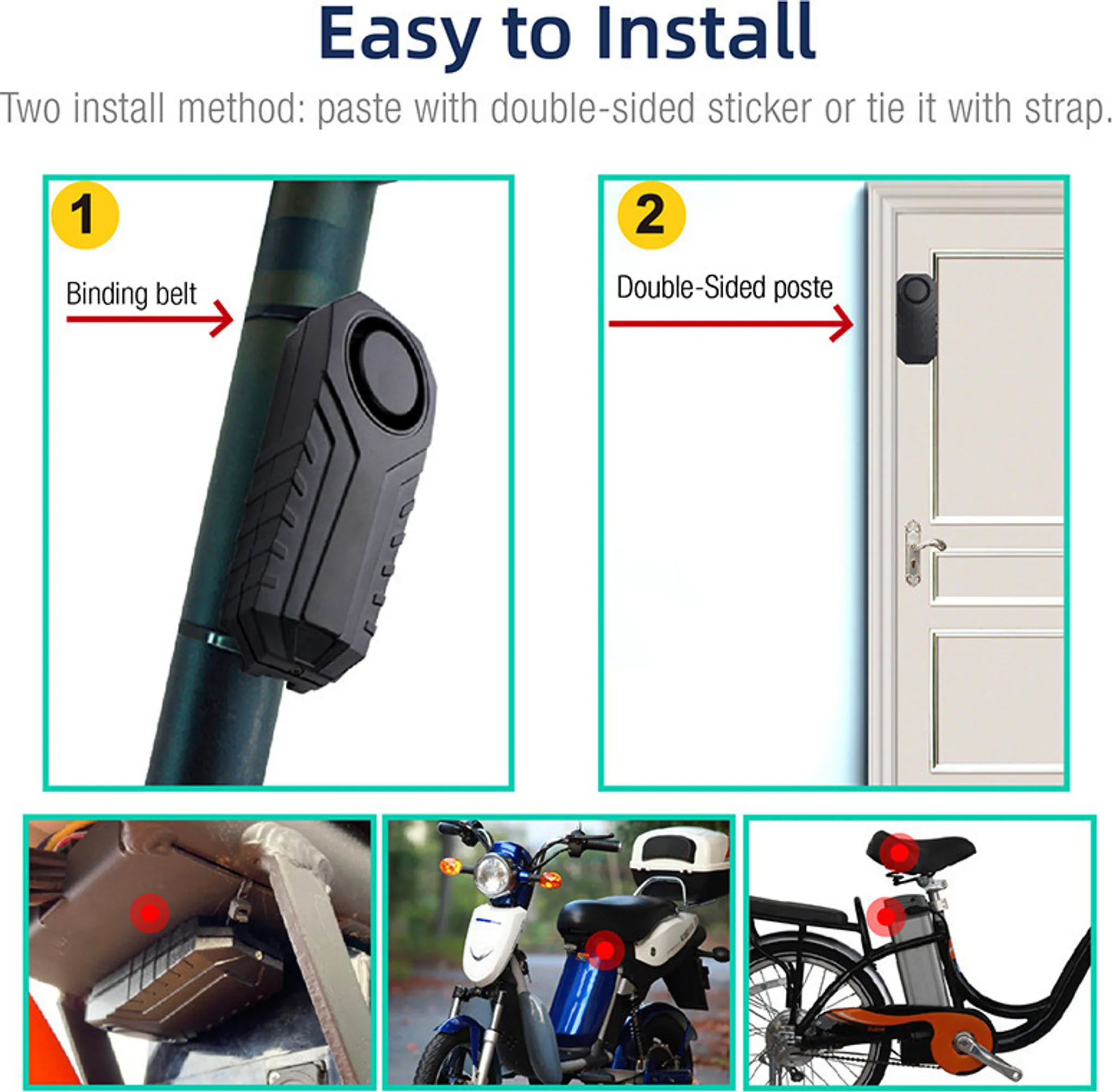 Diagramm zeigt zwei Installationsmethoden für ein schwarzes Sicherheitsgerät an Fahrrad und Tür.