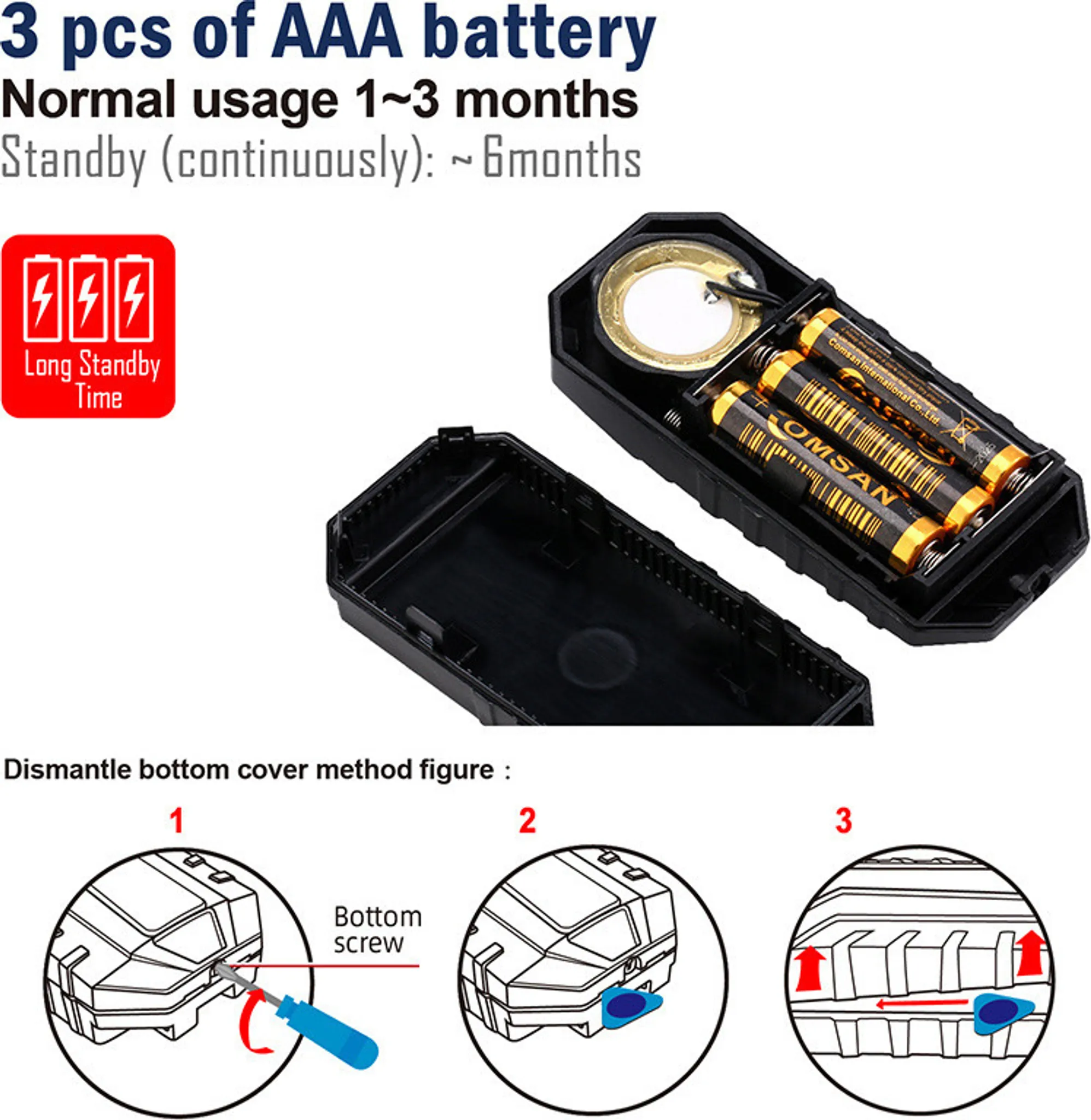 Diagramm zeigt drei AAA-Batterien und Anweisungen zum Öffnen des Geräts.