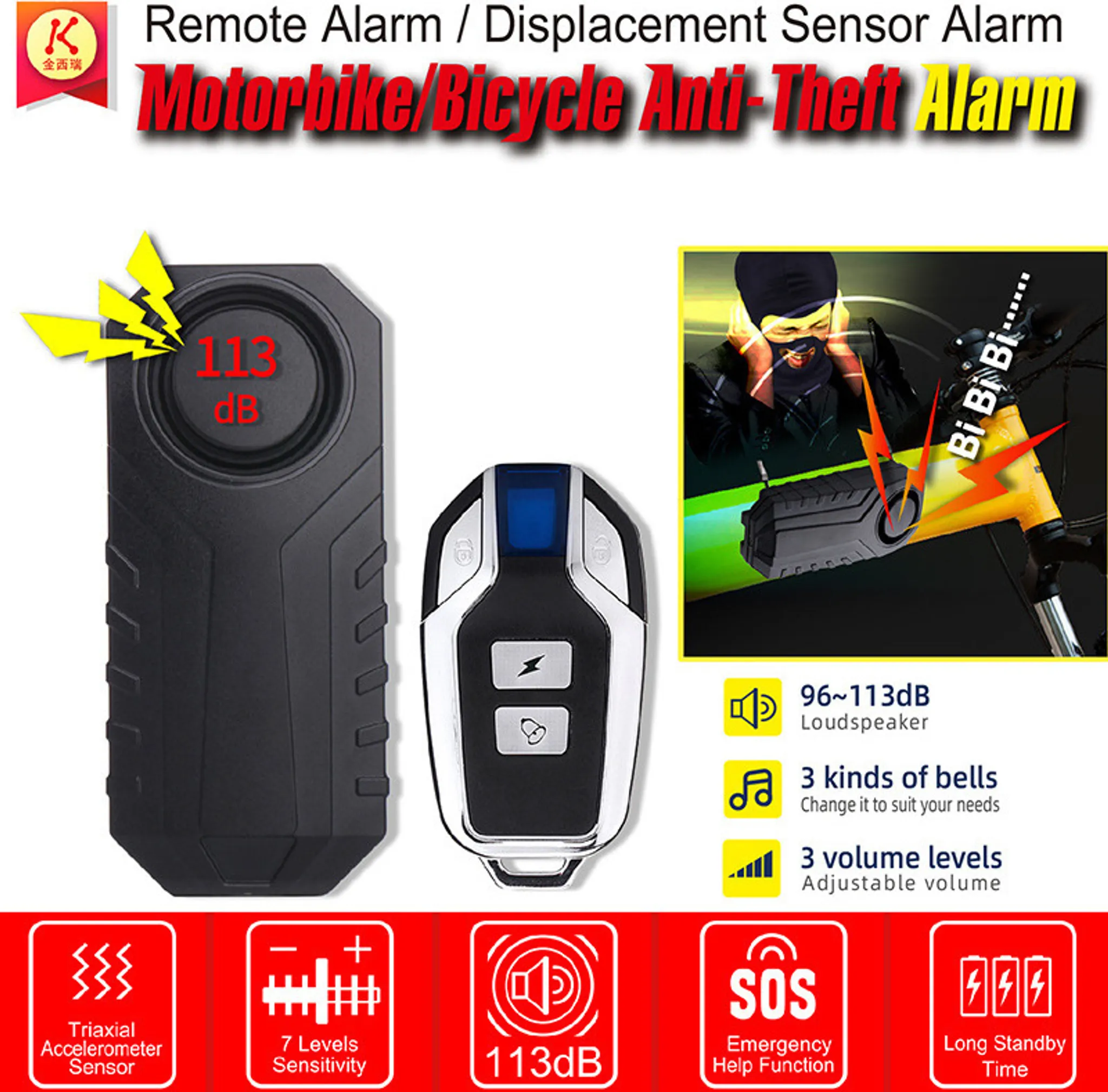 Ein schwarzer Motorrad- und Fahrrad-Anti-Diebstahl-Alarm mit Fernbedienung, 113 dB und Sensoren.