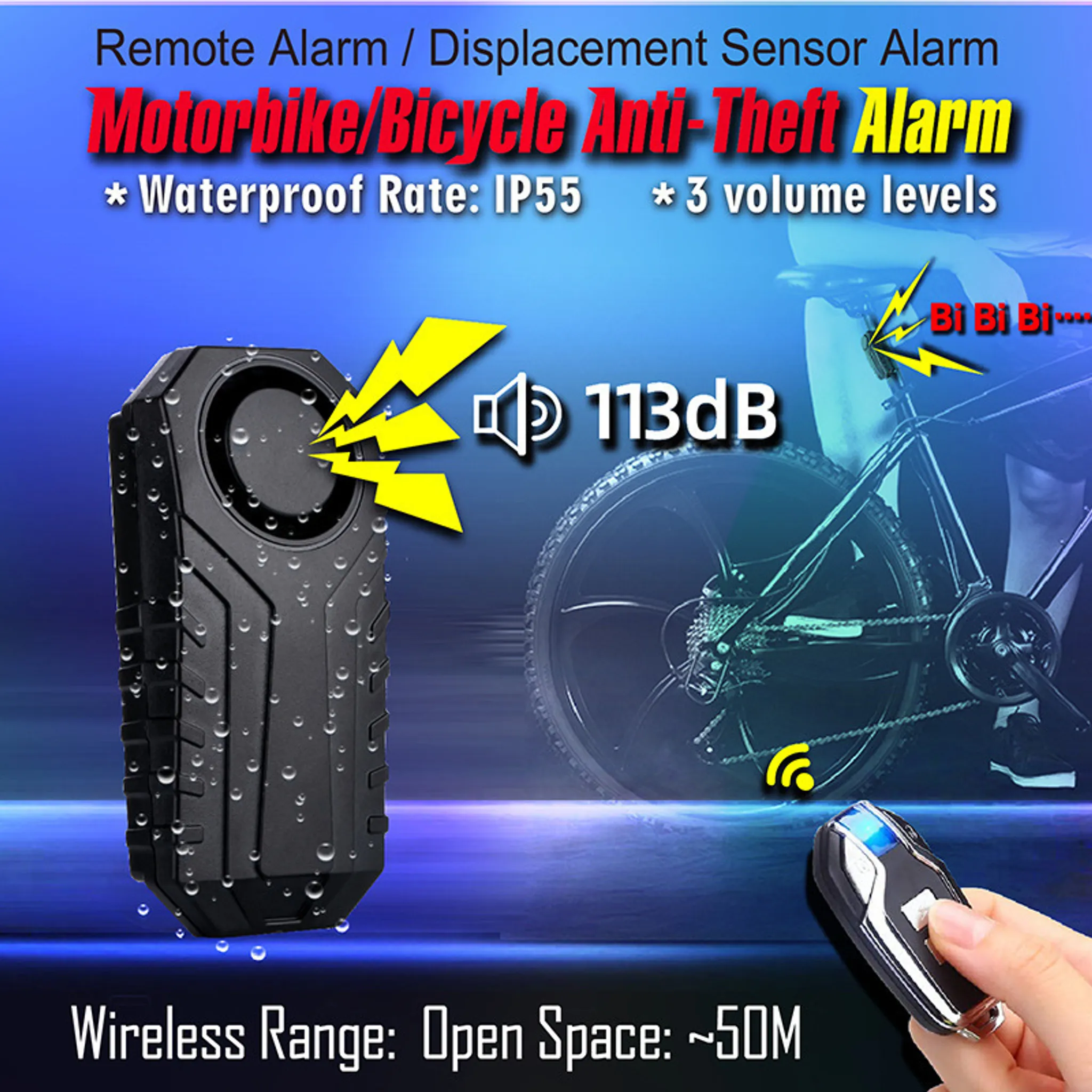 Wasserdichter Fahrrad-Alarm mit 113dB, Fernbedienung und 50m Reichweite.