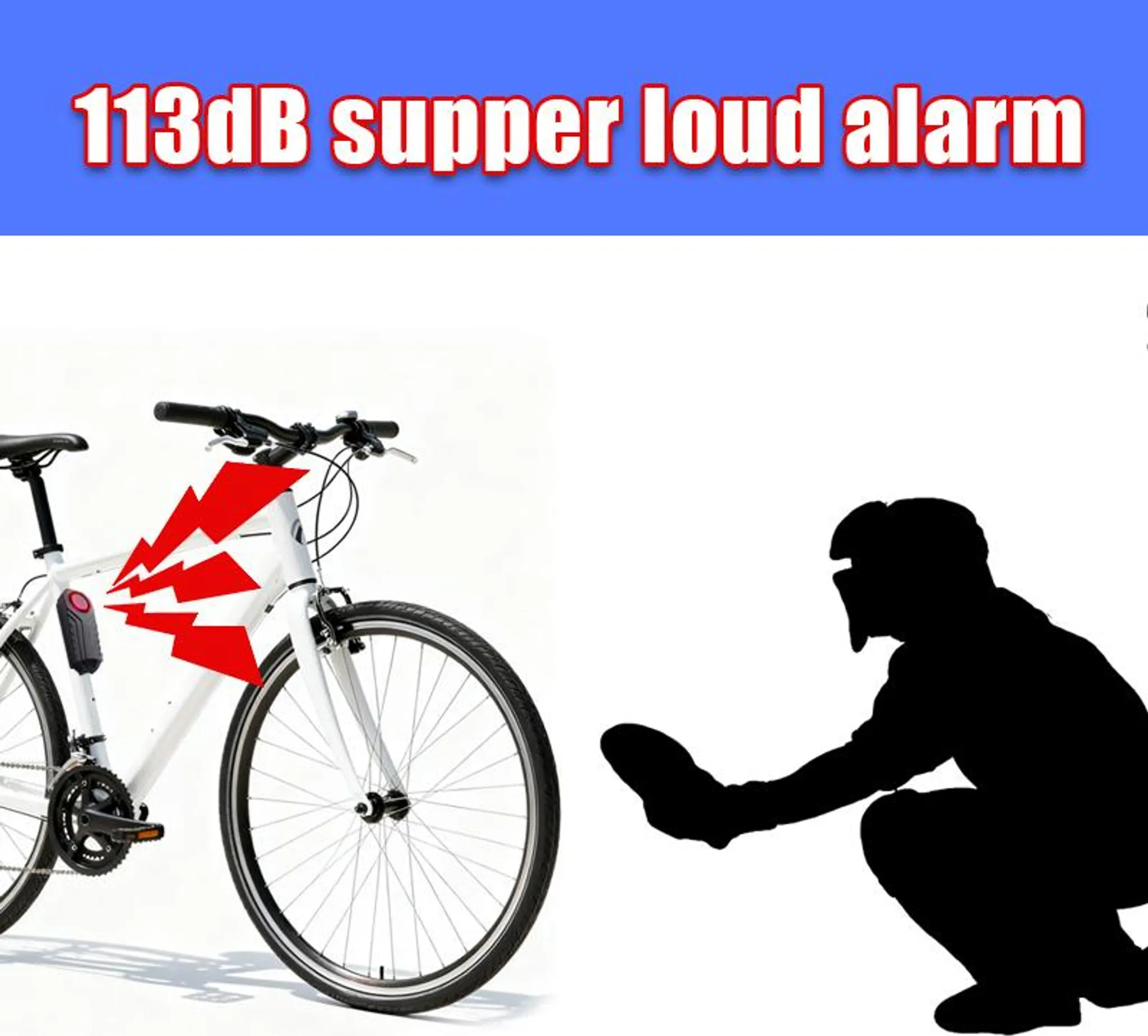 Ein weißes Fahrrad mit rotem Alarm und eine Person in Silhouette davor.