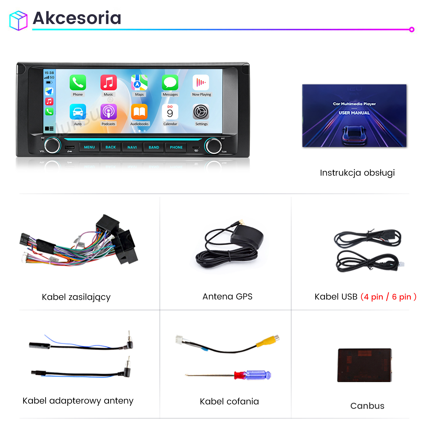 Samochodowy odtwarzacza multimedialny z akcesoriami: kable zasilające, antena GPS, instrukcja.