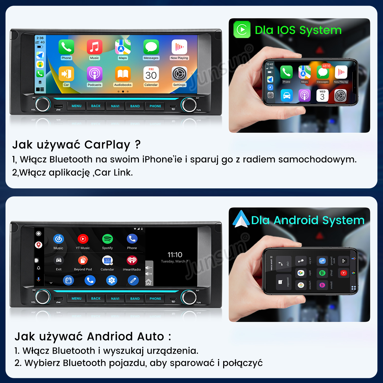 Poradniki dotyczące korzystania z CarPlay i Android Auto na ekranie multimedialnym samochodu ze smartfonem.