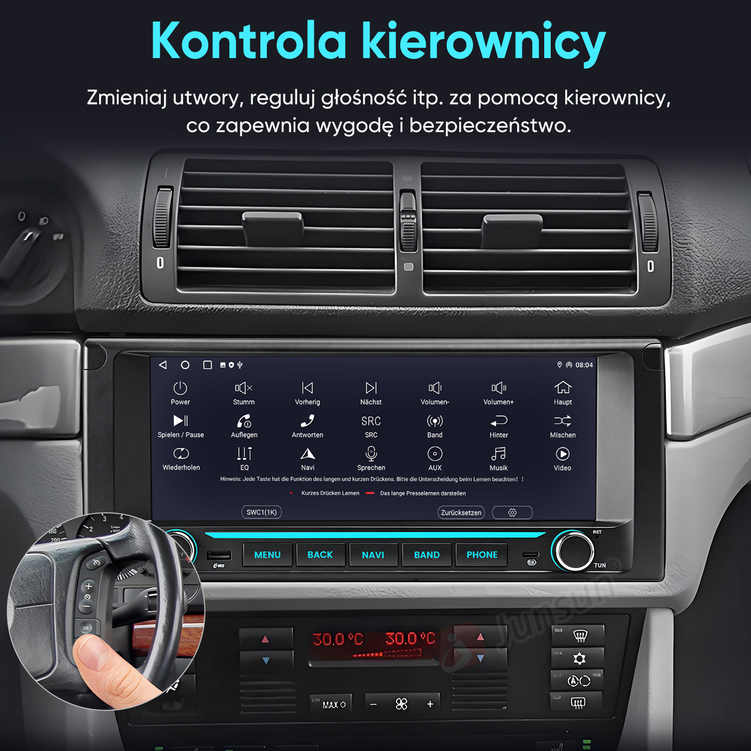 Wnętrze samochodu z nowoczesnym systemem multimedialnym dotykowym, klimatyzacją i kierownicą.