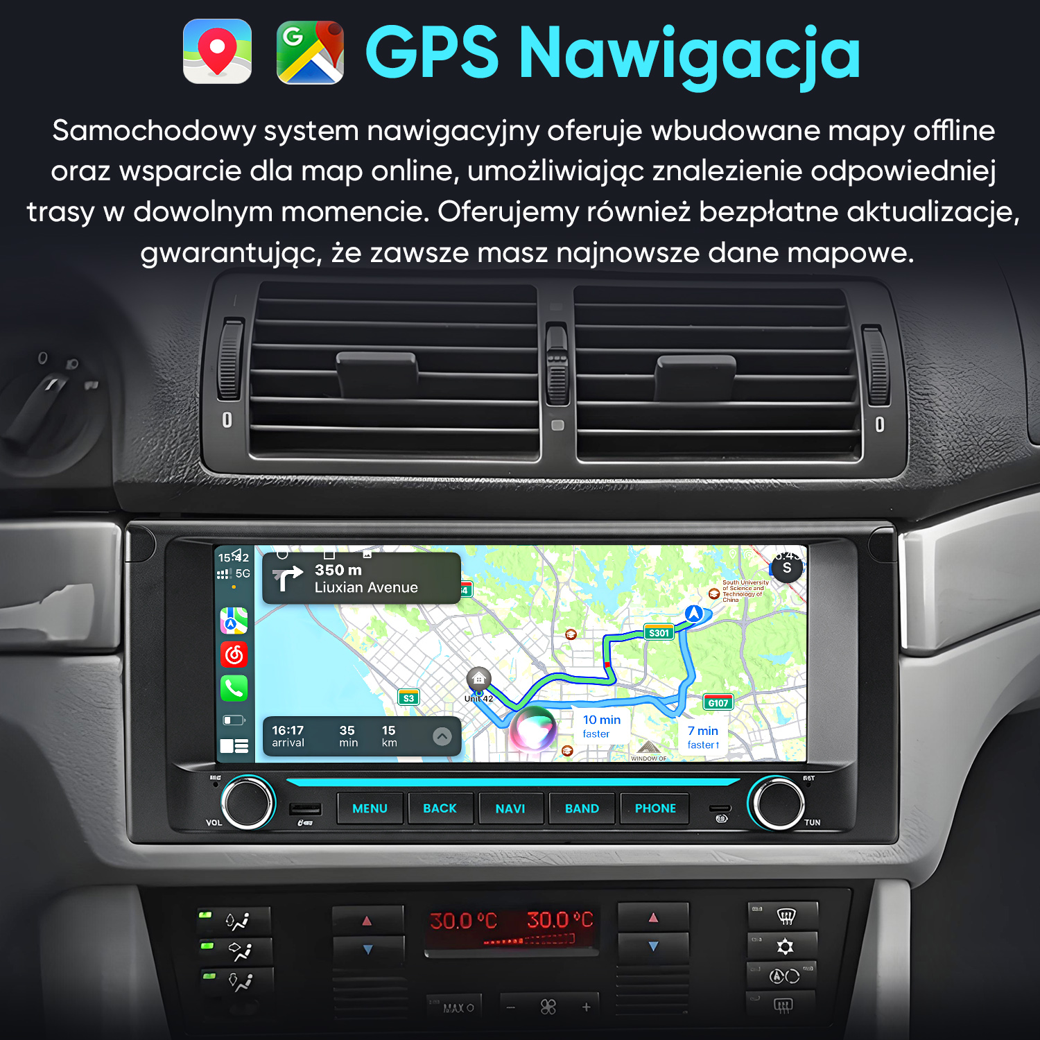 Deska rozdzielcza samochodu z ekranem nawigacji GPS pokazującym trasę, nawiewami i panelem klimatyzacji.
