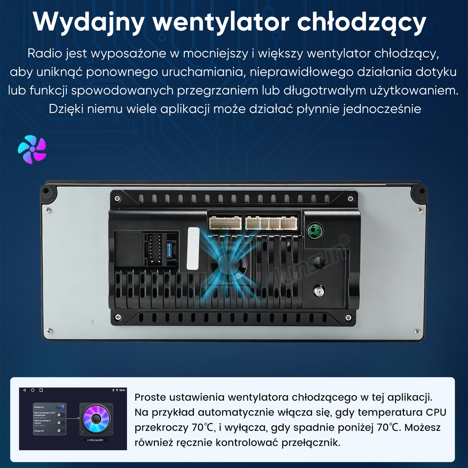 Tył radia samochodowego z wbudowanym wentylatorem chłodzącym i portami.