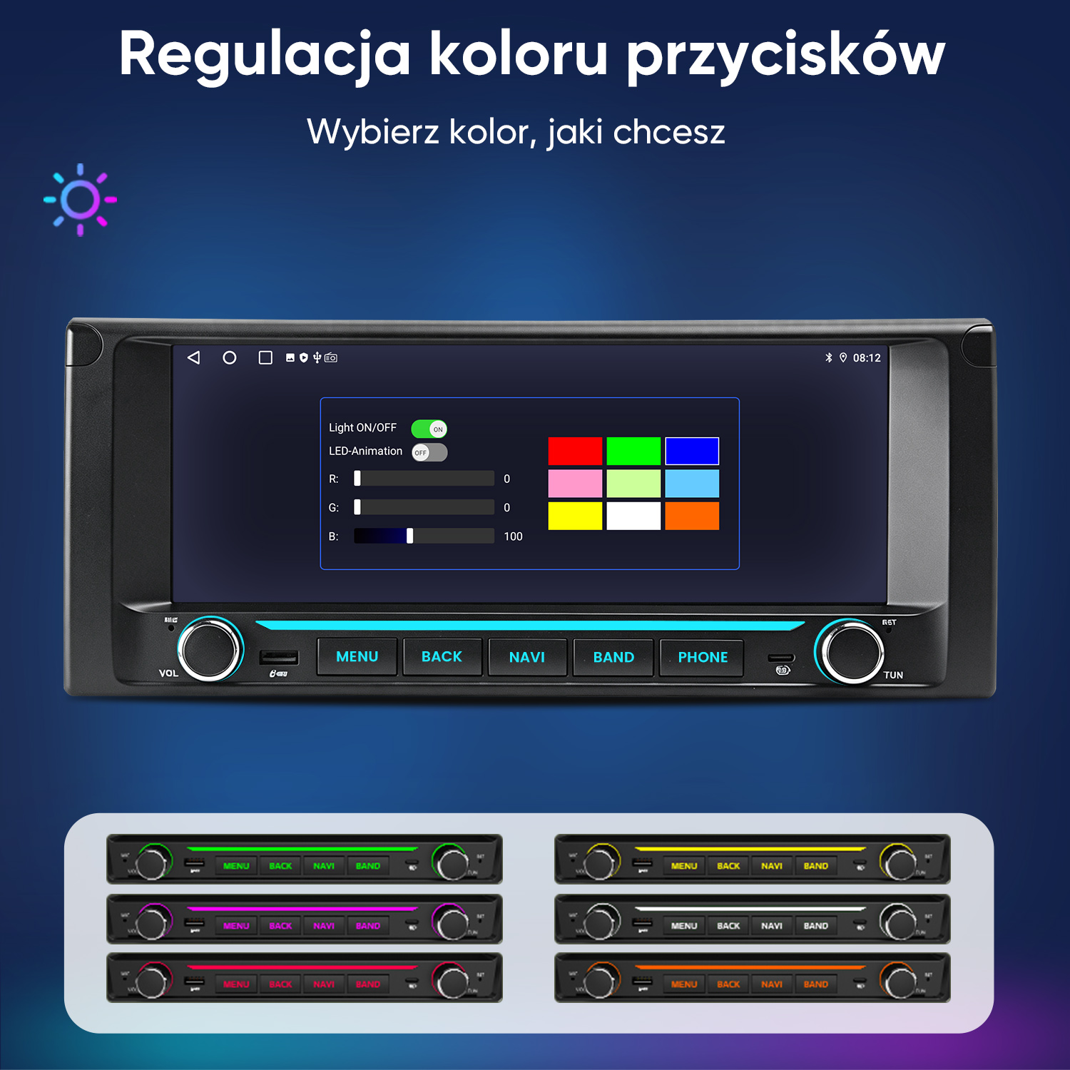 Radio samochodowe z ekranem dotykowym i regulowanym podświetleniem przycisków w wielu kolorach.