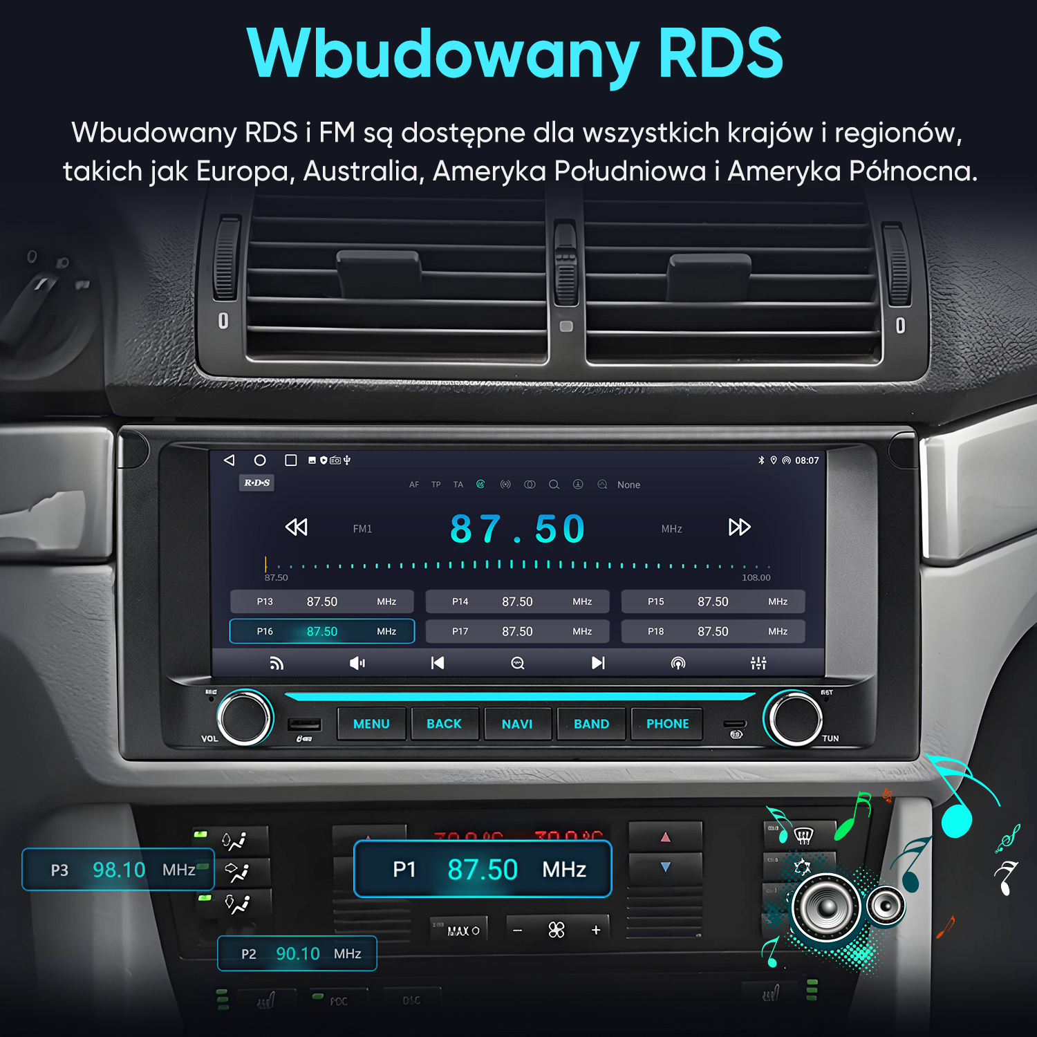 Samochodowy system audio z wbudowanym radiem RDS i FM zamontowany w desce rozdzielczej.