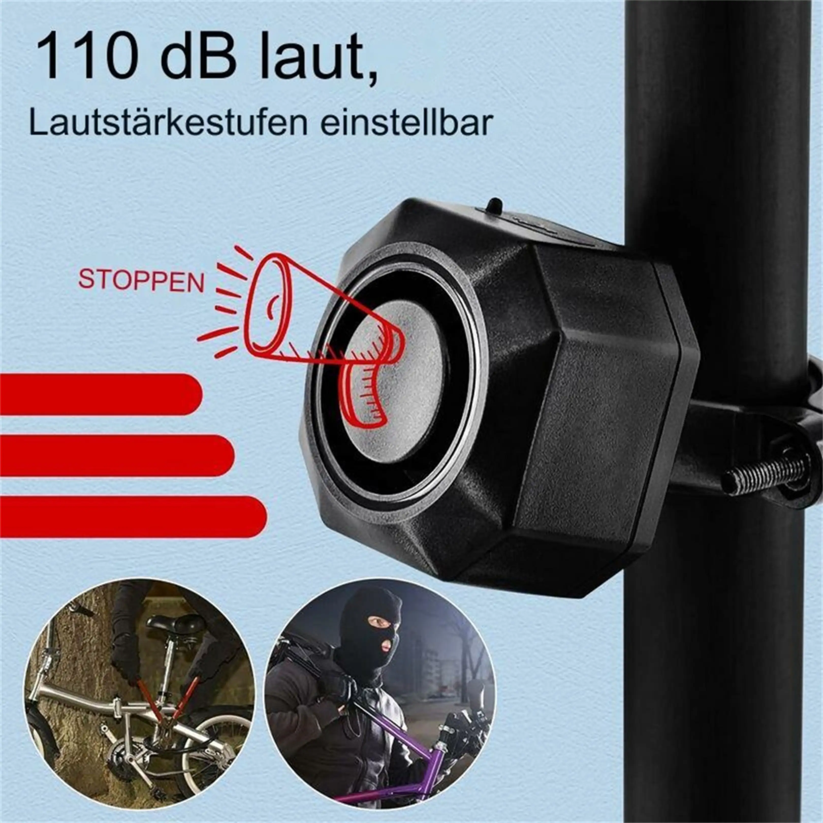 Schwarze Fahrradalarmanlage mit 110 dB, Halterung und Symbolen für Diebstahlschutz gegen Fahrradklau.