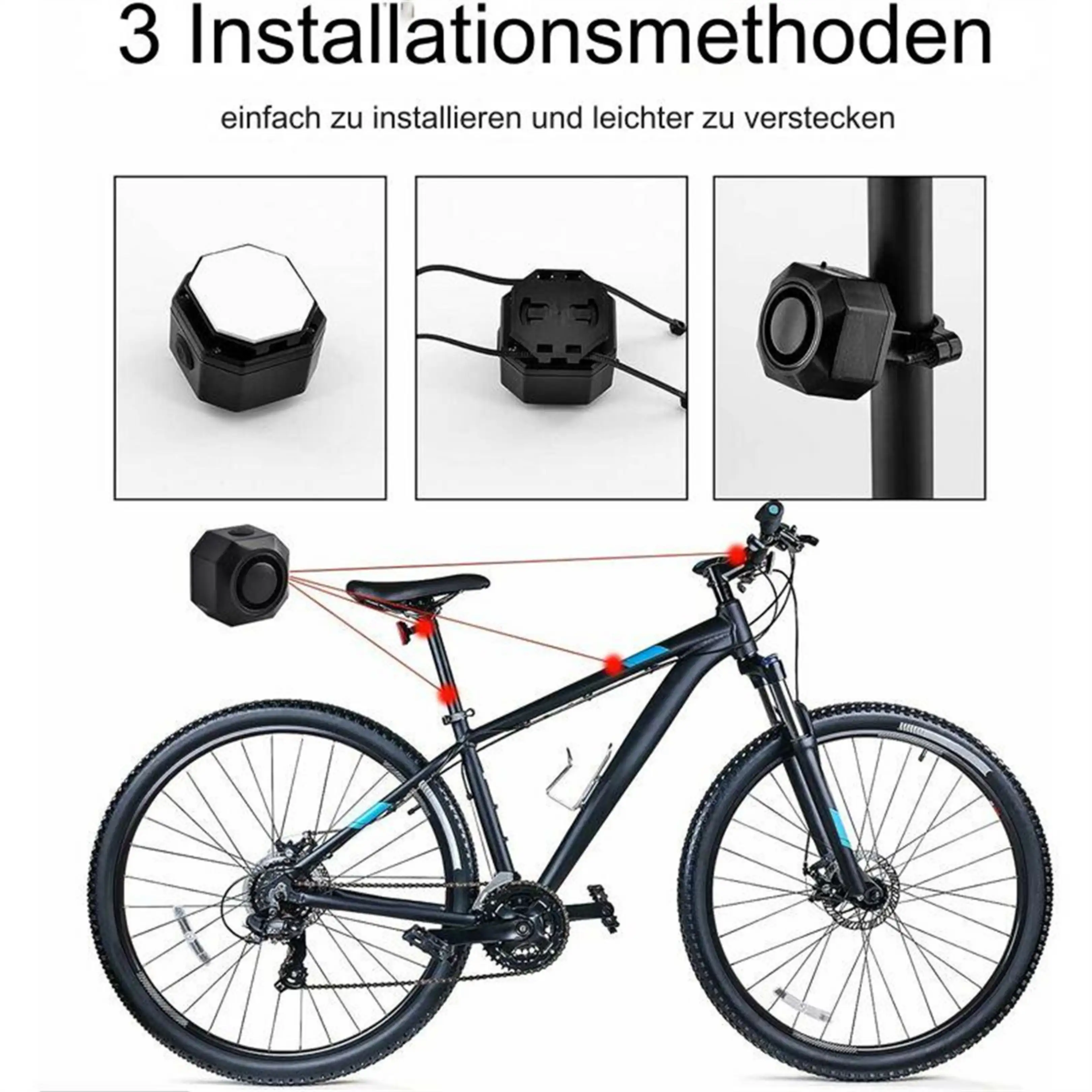 Drei Installationsmethoden für ein schwarzes Fahrradalarmsystem mit Montageoptionen auf einem Fahrrad.