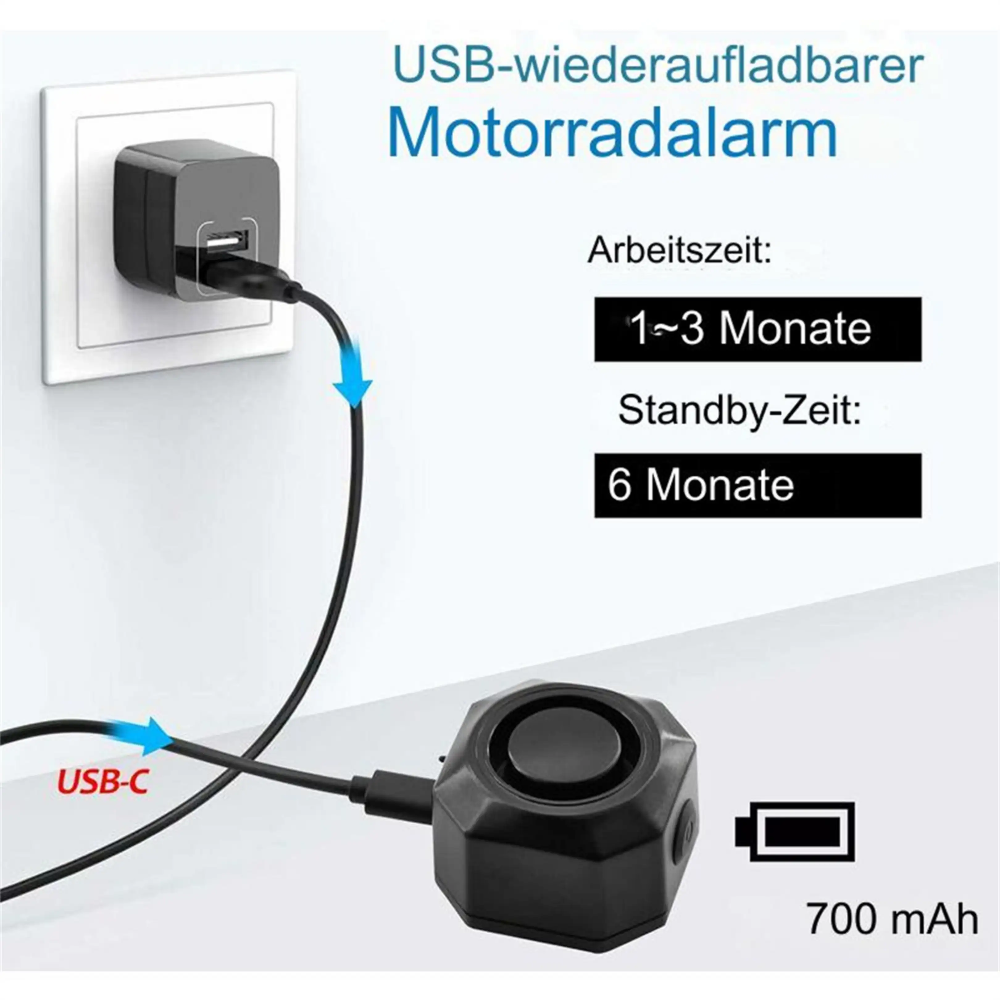 Schwarzer USB-Motorradalarm in eine Steckdose gesteckt, mit Text und Symbolen.