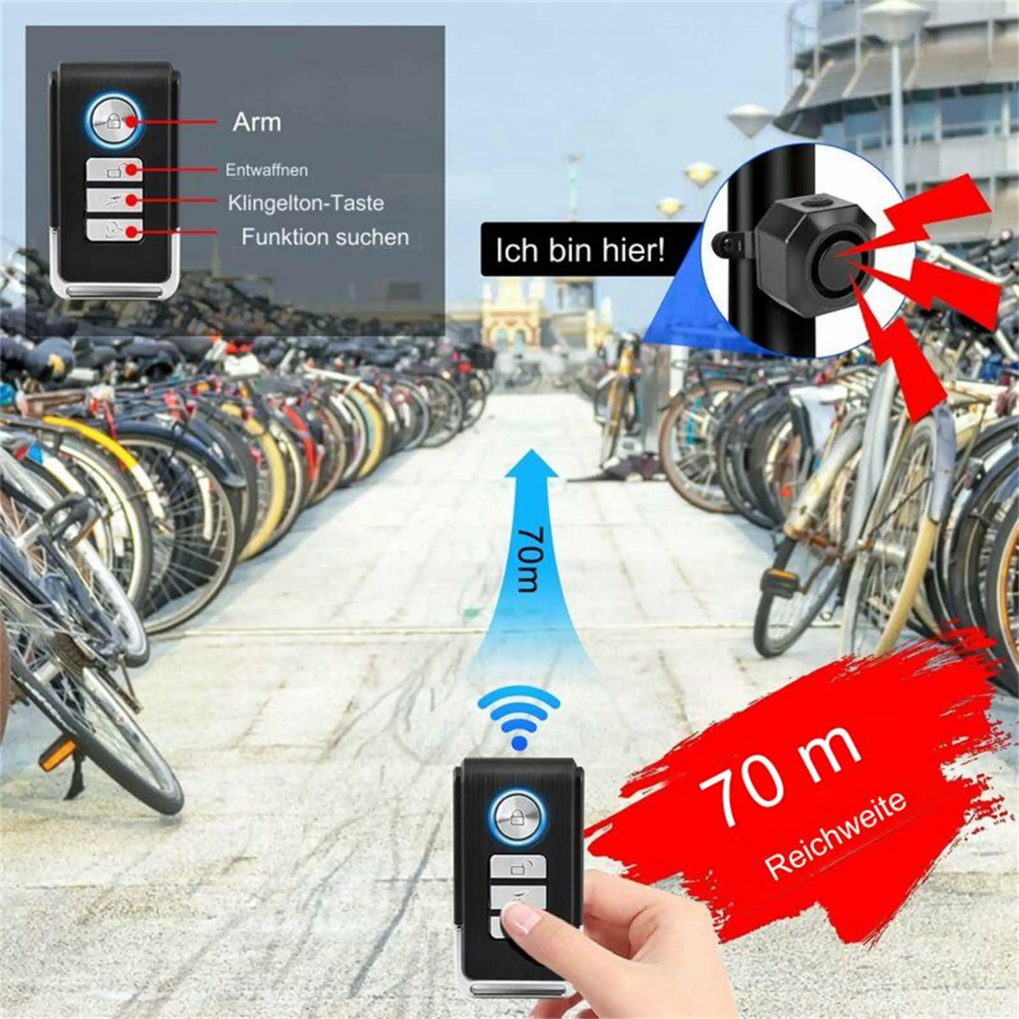 Eine Fernbedienung steuert einen Fahrradalarm in 70 Metern Entfernung.