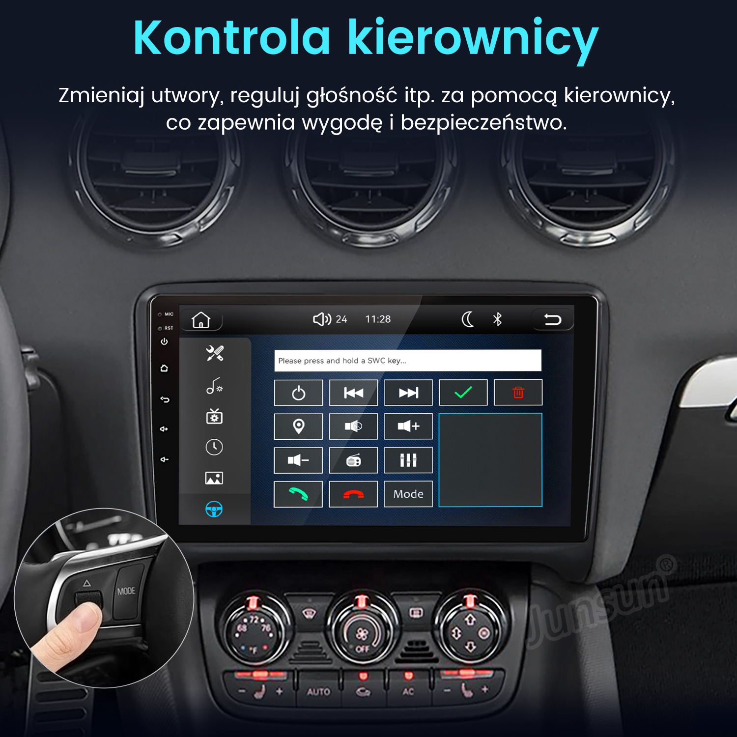 Wnętrze samochodu z dotykowym systemem infotainment i sterowaniem z kierownicy.
