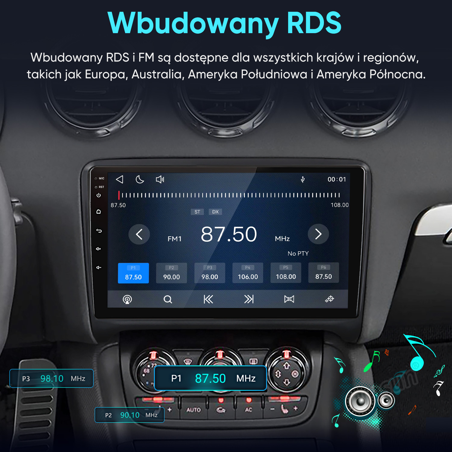 Deska rozdzielcza samochodu z zainstalowanym ekranem radiowym z interfejsem tunera RDS i FM.