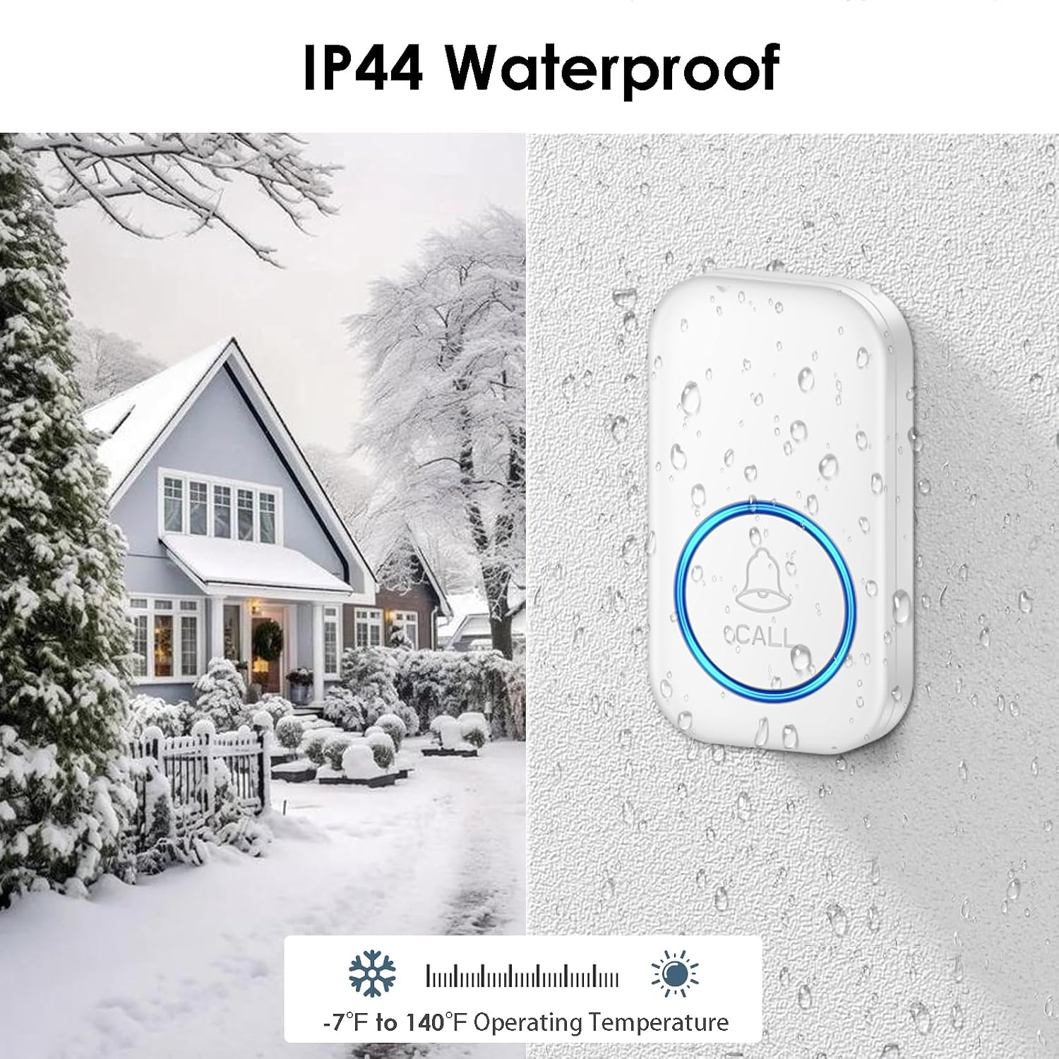 Wasserdichte weiße Türklingel an einer Wand mit Wassertropfen im Winter mit schneebedecktem Haus im Hintergrund.